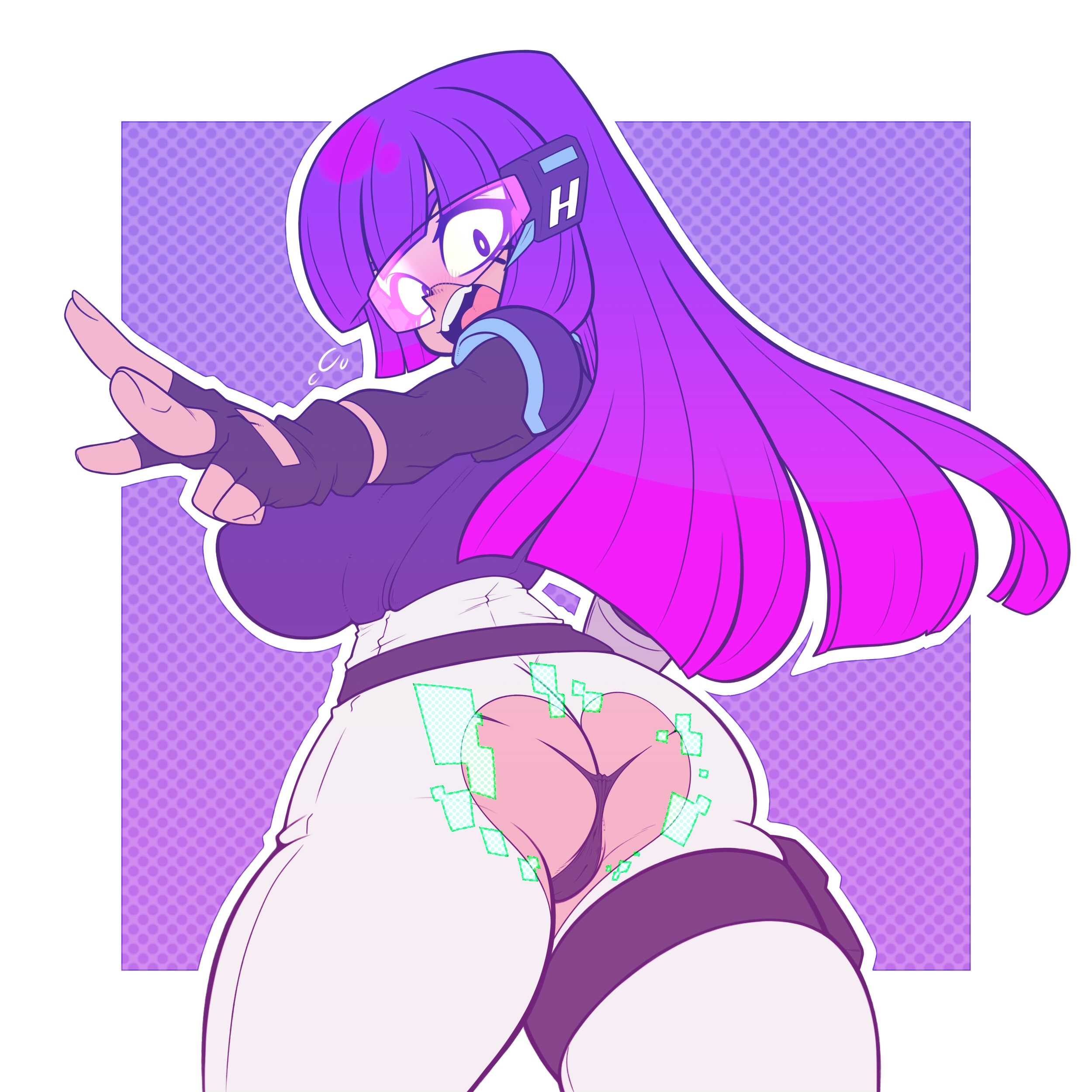 1girls, absurd res, ass, blush, breasts, cameltoe, eyewear, female, female only, fingerless gloves, glitch techs, gloves, hi res, kaikoinu, koikatsu, large breasts, looking at viewer, looking back, miko kubota, panties, purple eyes, purple hair, purple-tinted eyewear, pussy, smile, smooth skin, solo, surprised, tinted eyewear, torn clothes, torn clothing, visor