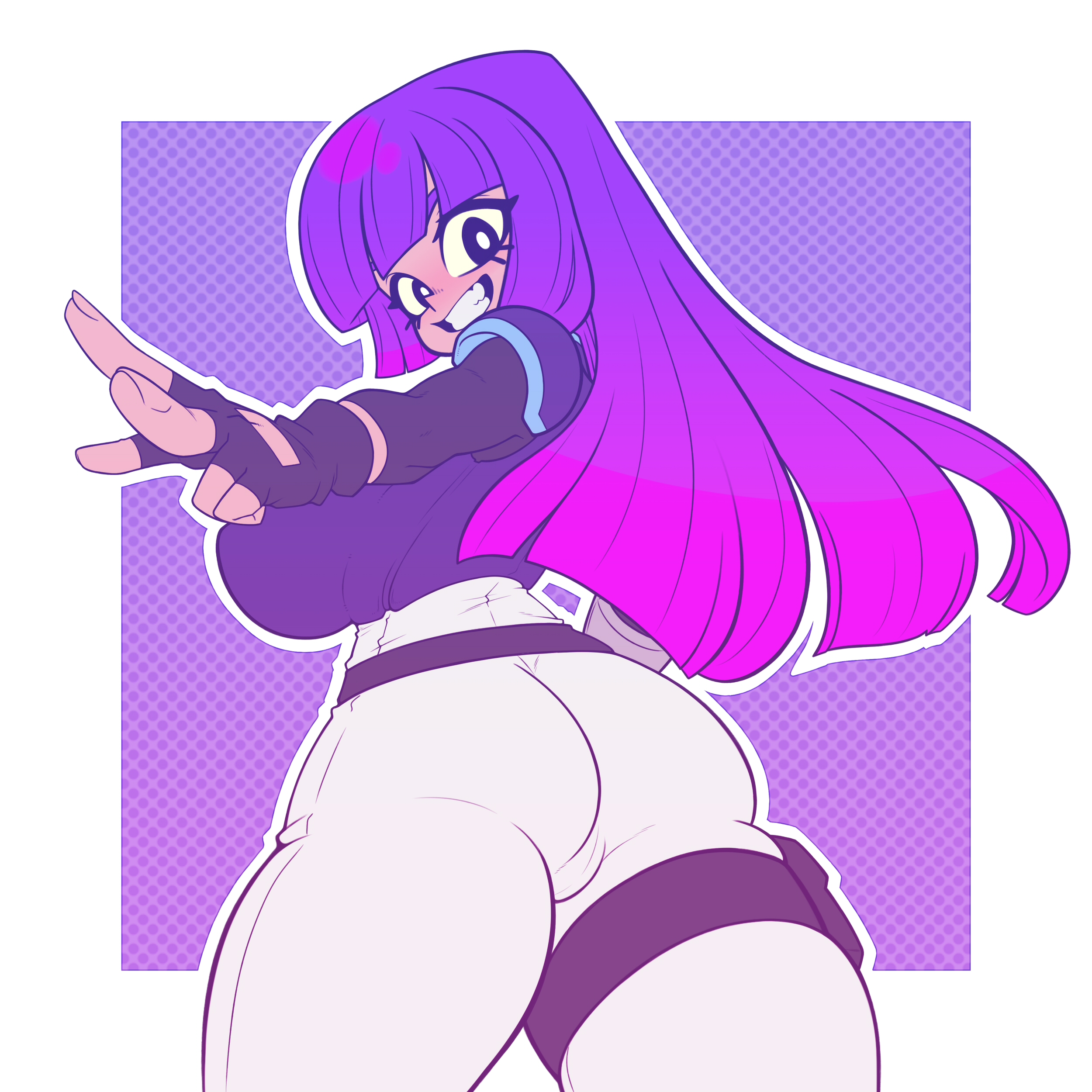 1girls, absurd res, bodysuit, breasts, cameltoe, clothing, female, female only, fingerless gloves, glitch techs, gloves, hi res, kaikoinu, koikatsu, large breasts, looking at viewer, looking back, miko kubota, purple eyes, purple hair, pussy, smile, smooth skin, solo, white clothing