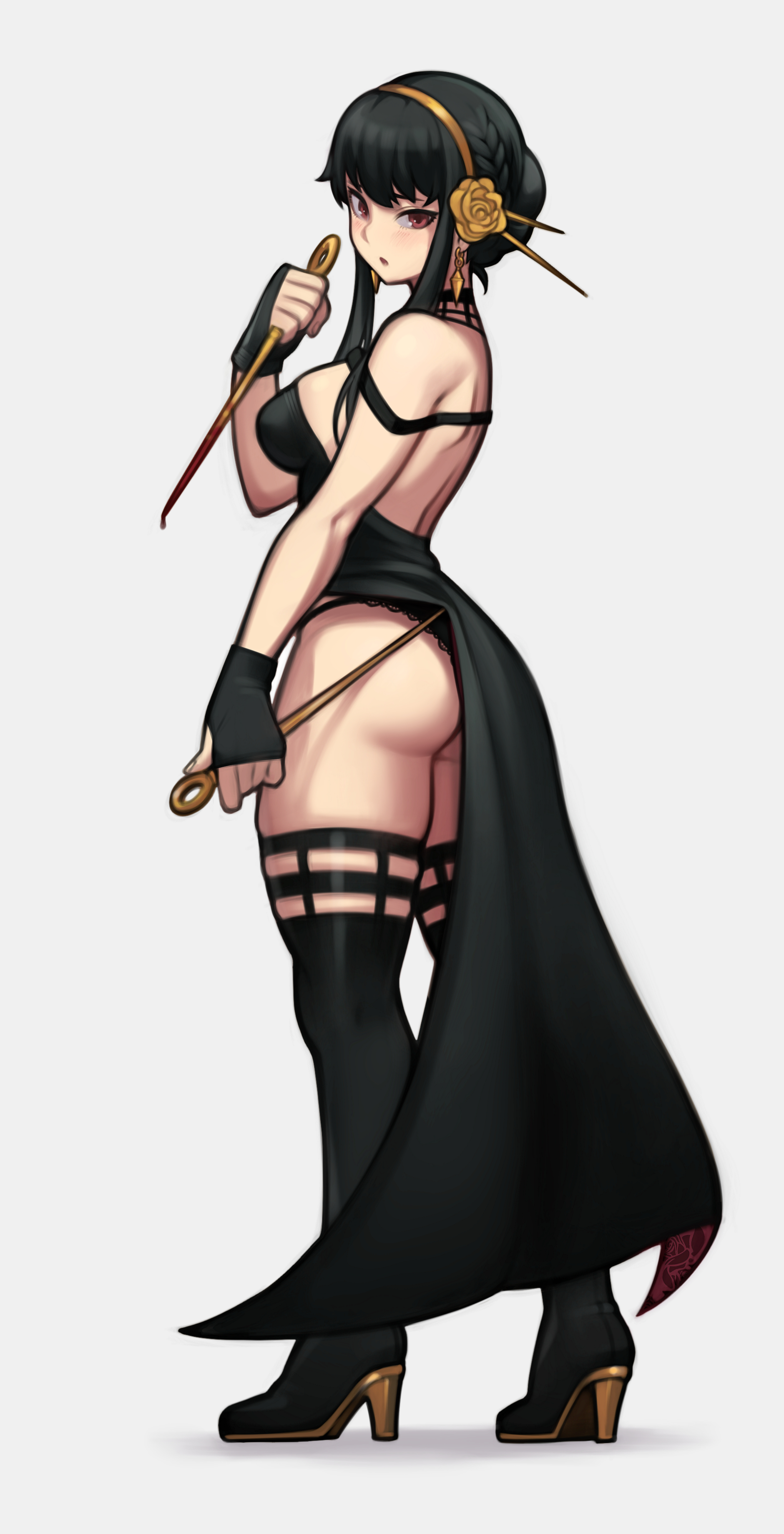 1girls, ass, assassin, black hair, black legwear, black panties, black thighhighs, breasts, clothing, eye contact, female, female only, legs together, lentiyay, long hair, looking at viewer, open mouth, red eyes, solo, spy x family, standing, stiletto (weapon), thick thighs, thighhighs, thorn princess, wide hips, yor briar
