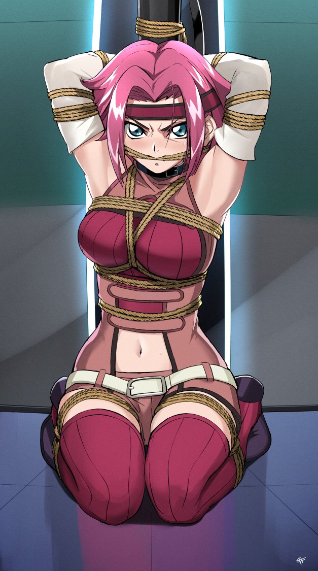 armpits arms_up blue_eyes blush bondage bound breast_bondage code_geass gag headband kallen_stadtfeld kneeling large_breasts long_hair red_hair restrained rope rope_gag sharpffffff short_hair thick_thighs thighhighs thighs uncensored