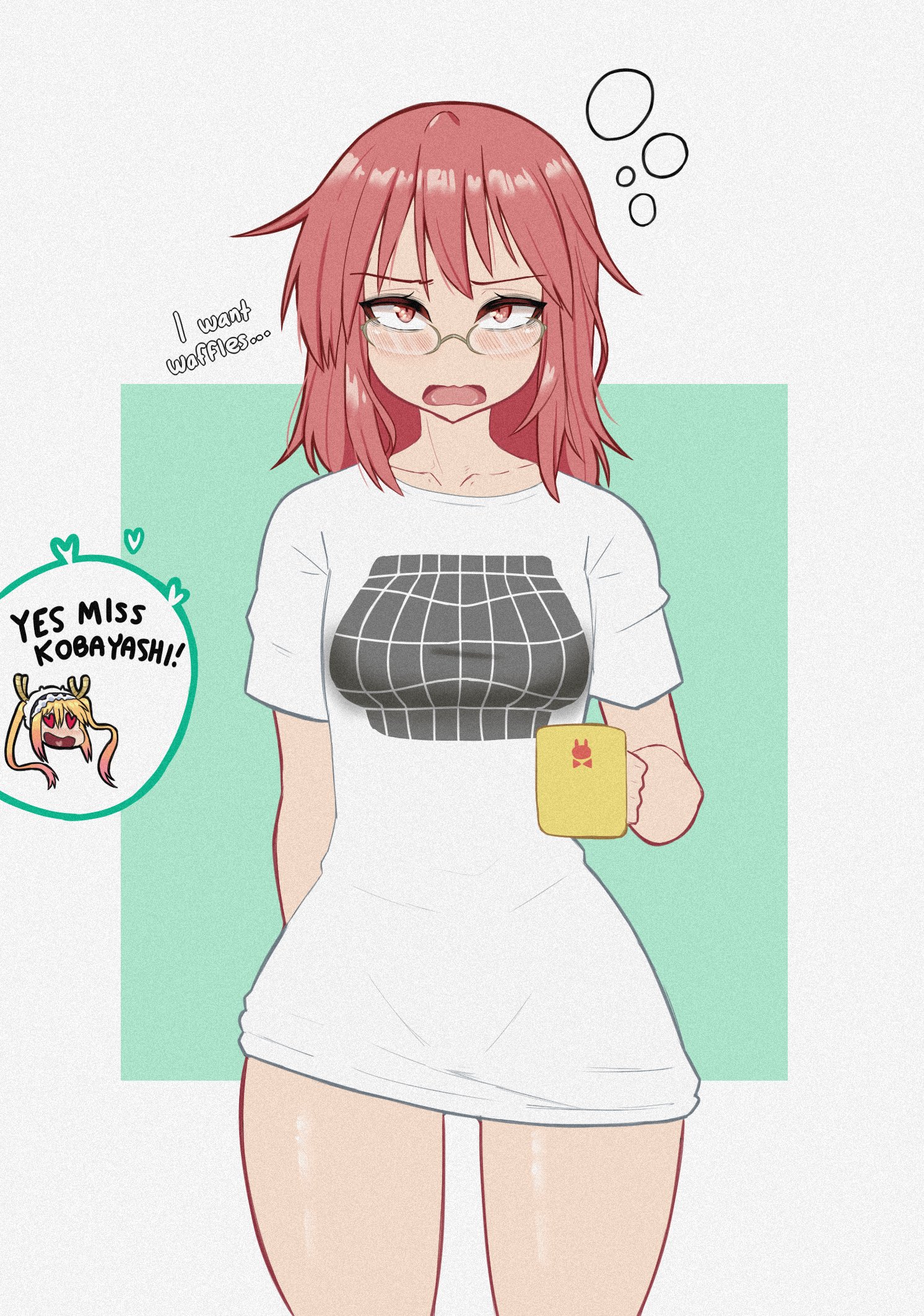 2girls, bottomless, breasts, curvy, curvy female, curvy figure, dialogue, duke wintermaul, exposed, exposed thighs, female, female focus, female only, female pov, glasses, hair down, heart, heart eyes, kobayashi, kobayashi-san chi no maidragon, looking at viewer, medium breasts, miss kobayashi's dragon maid, mug, optical illusion, pov, red fur, red hair, shirt, shirt only, solo, talking to viewer, text, text bubble, thick thighs, thighs, tohru (dragon maid), topwear, white shirt, young savage, yuri