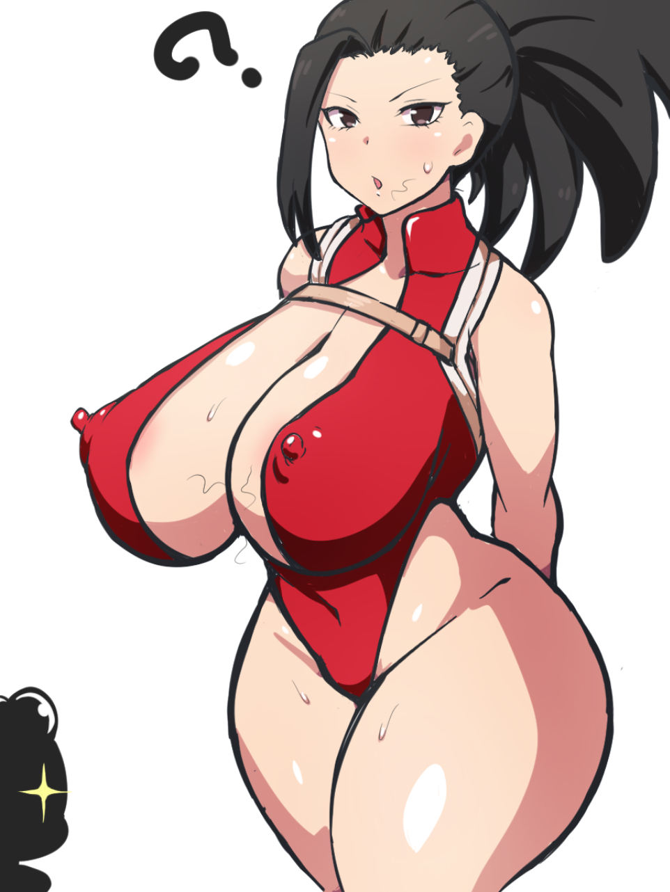 1girls, arms behind back, black hair, breasts, brown eyes, cleavage, confused, dd (artist), erect nipples, female, hero outfit (mha), huge breasts, human, human female, implied fellatio, implied paizuri, leotard, light-skinned female, looking at viewer, medium hair, minoru mineta, momo yaoyorozu, momo yaoyorozu (hero outfit), my hero academia, nipples, nipples visible through clothing, open mouth, ponytail, pubic hair, shounen jump, smaller male, stray pubic hair, superheroine, thick thighs, thighs, wide hips