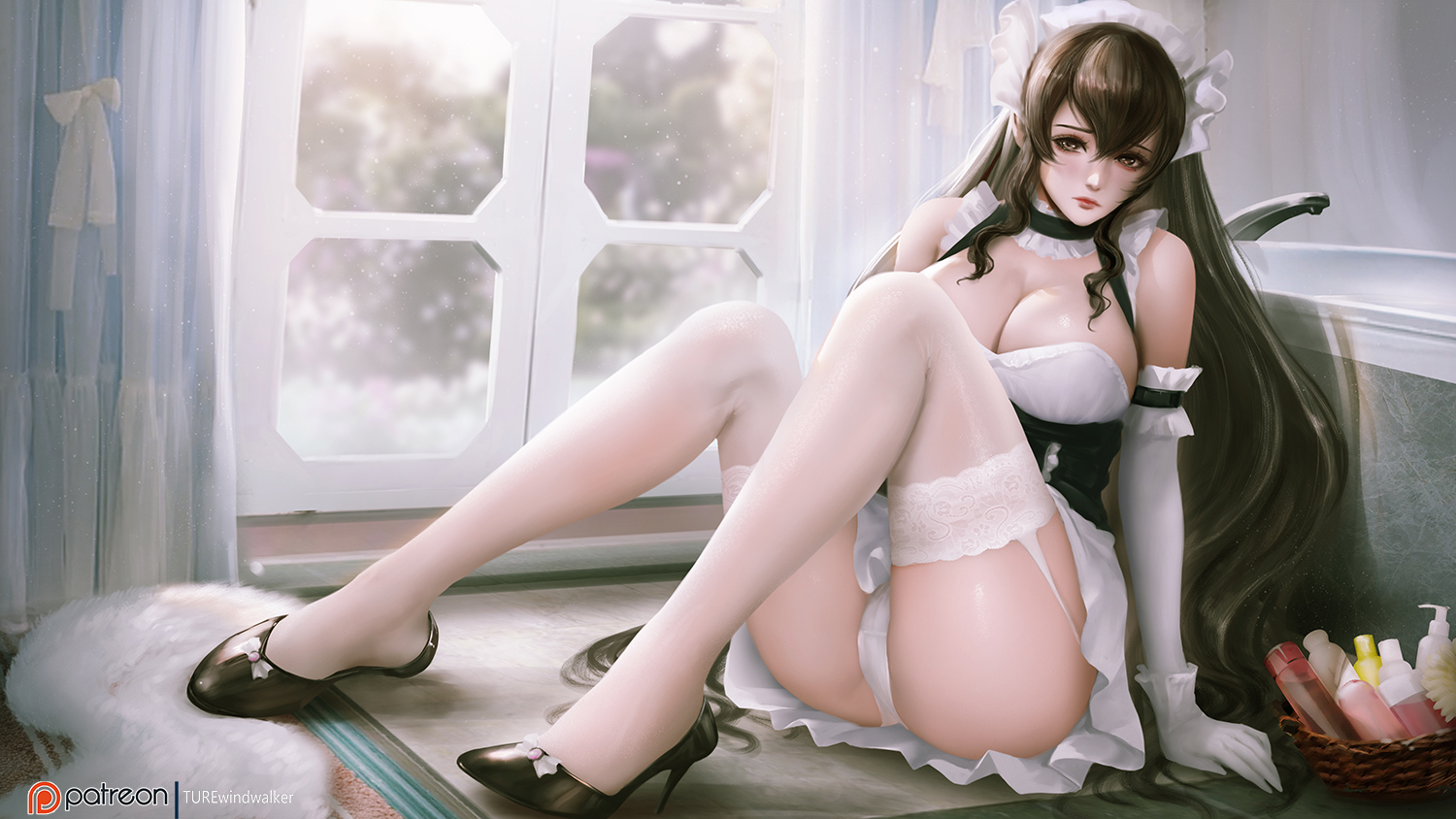alternate costume, ass, bathroom, breasts, brown eyes, brown hair, cleavage, female, garter straps, gloves, heels, irelia xan, large breasts, league of legends, looking at viewer, panties, riot games, shoes, sitting, skirt, stockings, tagme, thighhighs, thighs, upskirt, white panties, windwalker