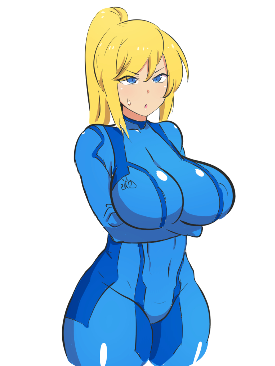 arms under breasts, blonde hair, blue eyes, bodysuit, breasts, dd (artist), female, large breasts, long hair, looking at viewer, metroid, open mouth, ponytail, samus aran, skin tight, thick thighs, thighs, thunder thighs, tomboy, wide hips, zero suit, zero suit samus