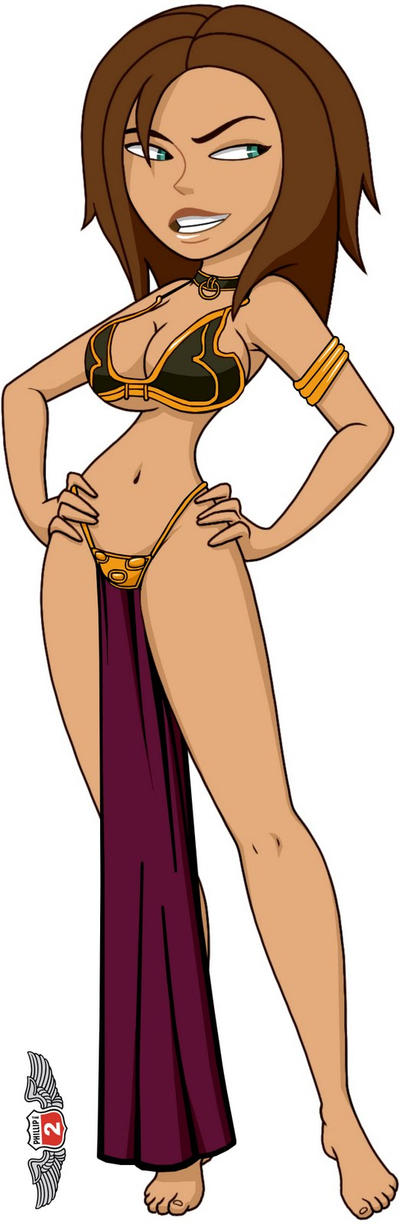 1girls, aqua eyes, barefoot, belly dancer outfit, bonnie rockwaller, breasts, brown hair, cleavage, cosplay, crossover cosplay, disney, disney channel, female, female only, harem girl, harem outfit, kim possible, large breasts, loincloth, lucasfilm, medium hair, phillipthe2, slave, slave bikini, slave collar, slave girl, slave leia (cosplay), slave outfit, solo, star wars, tanned, tanned female, tanned skin, voluptuous, white background