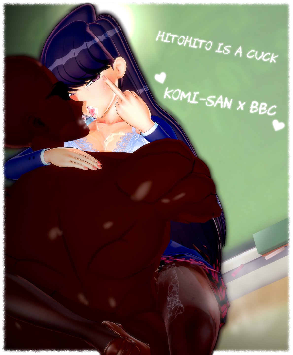 1boy, 1girls, 3d, against wall, brown loafers, cheating, cuckold, cuckold pov, dark skin, dark-skinned male, english text, female, flipping off, flipping viewer off, humiliation, interracial, kissing, koikatsu, komi shouko, komi-san wa komyushou desu, light skin, light-skinned female, loafers, looking at viewer, male, middle finger, netorare, numbersguy, pantyhose, pov, pussy, saliva, text, vaginal penetration