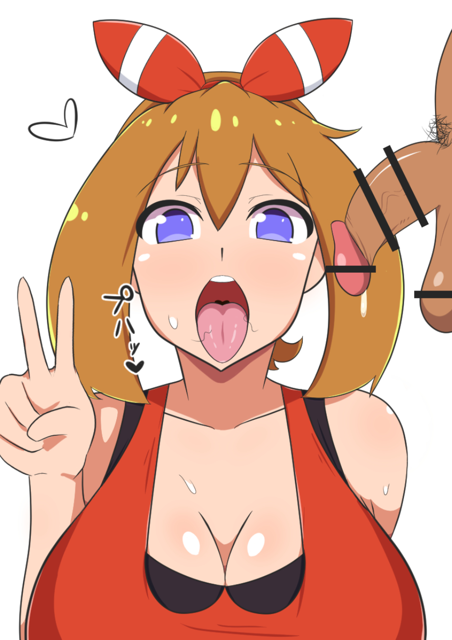 1boy, 1girls, after fellatio, after oral, ahe gao, alternate breast size, blue eyes, breasts, brown hair, censored, cleavage, cum, cum in mouth, cute, dark-skinned male, dd (artist), female, femsub, gokkun, hair ornament, hair ribbon, large breasts, looking at viewer, male, maledom, may (pokemon oras), may (pokemon), open mouth, oral, penis, petite, pokemon, pokemon oras, pubes in mouth, pubic hair, pubic hair in mouth, short hair, slim, stray pubic hair, swallowing, swallowing cum, sweat, teenager, throat, tongue, tongue out, v