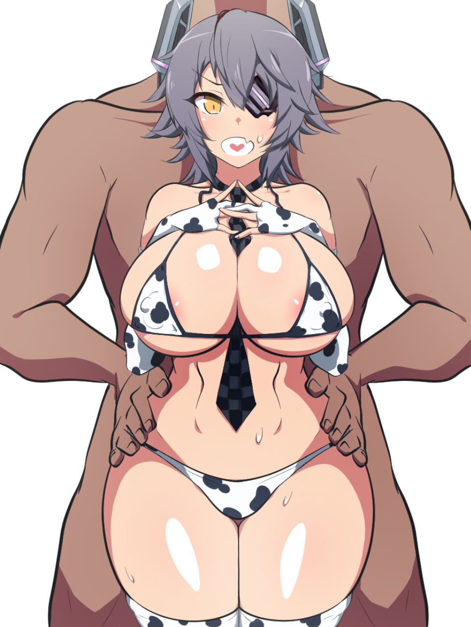 1boy, 1girls, bald, bikini, blue hair, breasts, cow print, cow print bikini, dark-skinned male, dd (artist), erect nipples, eyepatch, female, groping, groping from behind, heart, huge breasts, kantai collection, looking at viewer, male, necktie, necktie between breasts, nipples, nipples visible through clothing, open mouth, opera gloves, short hair, tenryuu (kantai collection), thick thighs, thighhighs, thighs, wide hips, yellow eyes