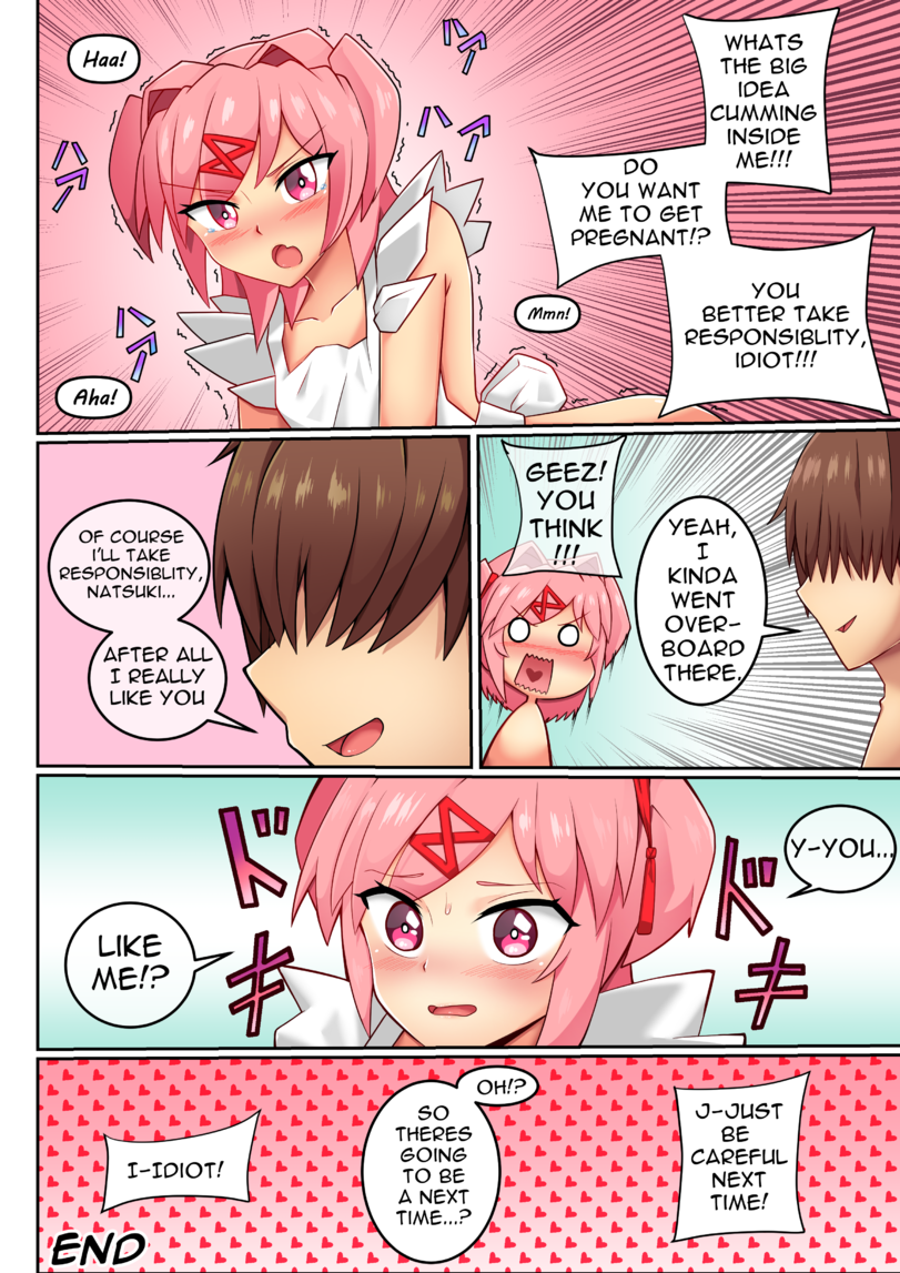 acefish apron blush blushing brown_hair comic comic_page doki_doki_literature_club english_text hair_intakes impregnation_risk motion_lines mouth_open naked_apron name_in_dialogue natsuki_(doki_doki_literature_club) open_mouth pink_background pink_eyes pink_hair speech_bubble text text_bubble