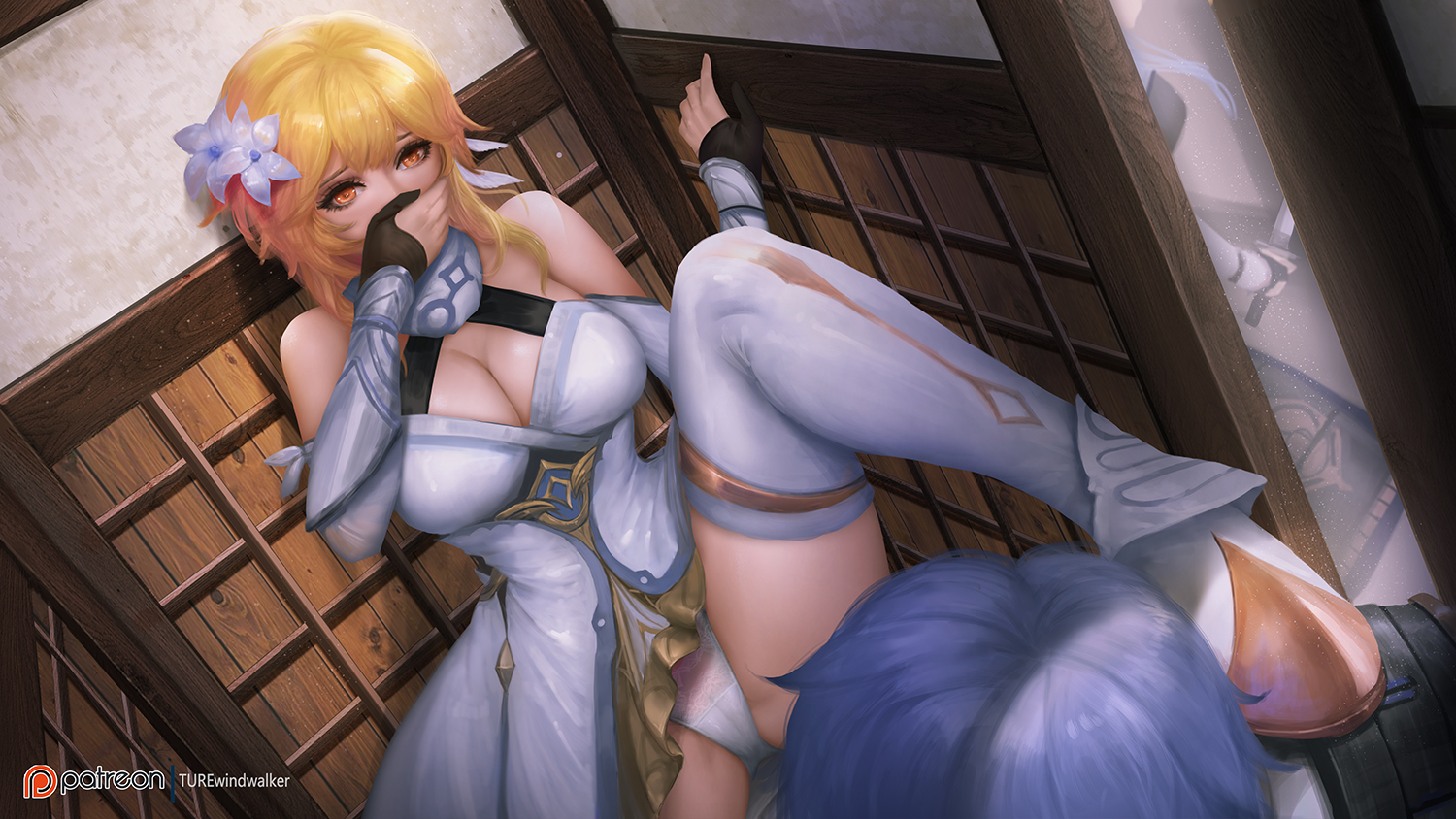 blush, breasts, cameltoe, cleavage, clothed, covering mouth, female, fingerless gloves, flower, flower in hair, genshin impact, gloves, gradient hair, hair ornament, kamisato ayaka, kamisato ayato, lumine (genshin impact), orange eyes, panties, pussy, short hair, tagme, thighhighs, upskirt, white panties, windwalker, yellow hair