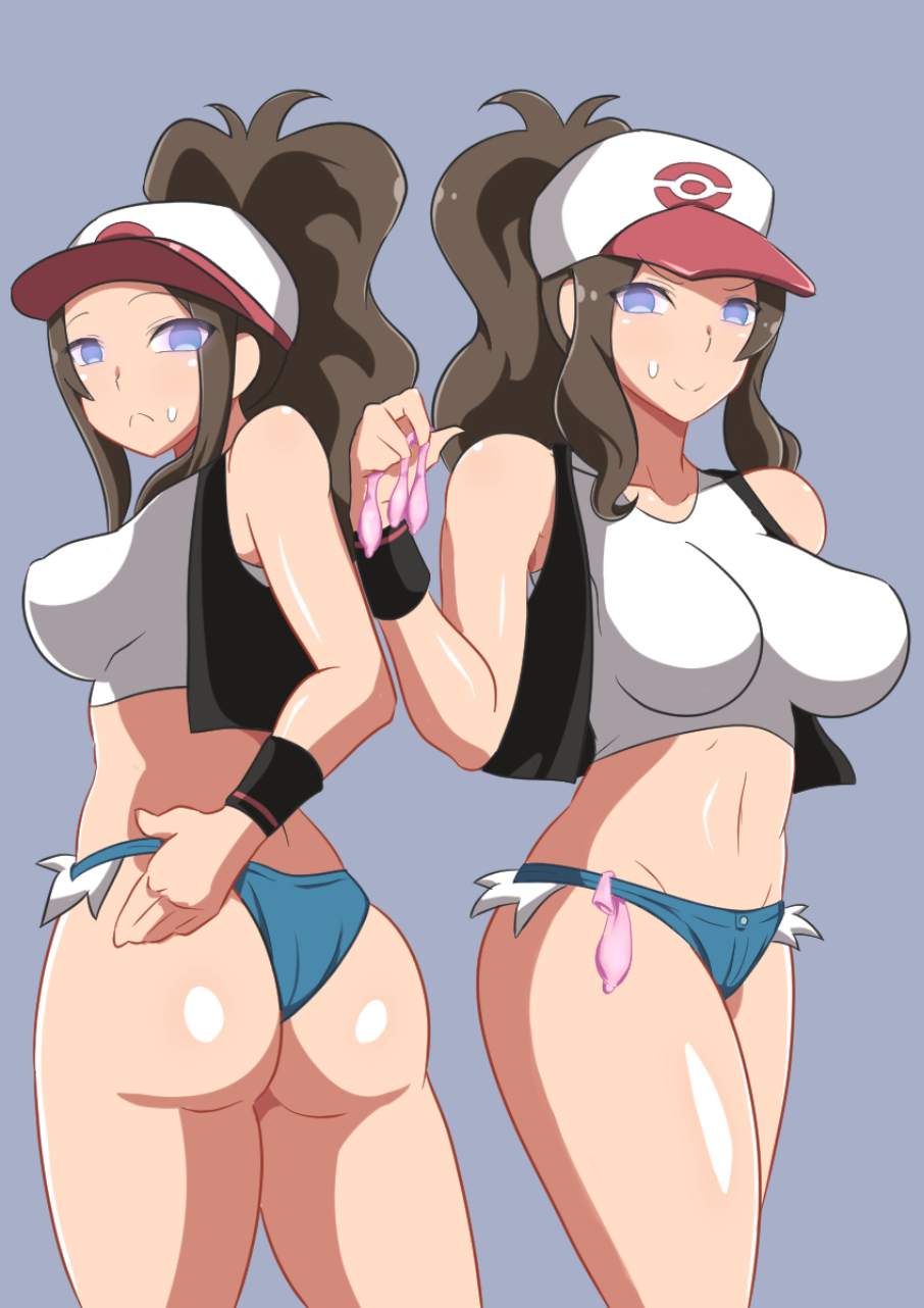 2girls, alternate breast size, ass, ass hanging out of shorts, big ass, breasts, brown hair, clone, condom, condom accessories, condom belt, crop top, dd (artist), denim shorts, empty eyes, female, glowing eyes, hat, hilda (pokemon), holding condom, hypnosis, jean shorts, large breasts, medium hair, mind control, multiple females, multiple girls, pokemon, ponytail, short shorts, shorts, smile, used condom