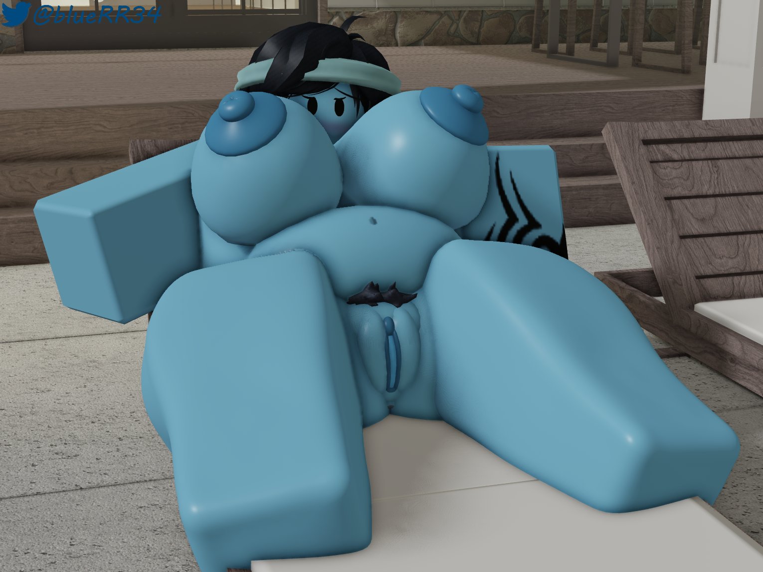 1girls, 3d, anus, ass, belly button, big ass, big breasts, black eyes, black hair, black pubic hair, blue nipples, blue skin, bluerr34, breasts, chair, chubby, chubby female, completely nude, female, female only, full body, headband, long hair, looking at viewer, lying, lying on back, naked, naked female, nude, nude female, original character, outside, pubic hair, pussy, roblox, robloxian, shiram, solo, solo female, stomach, tattoo, tattooed arm, thick thighs, thighs, twitter username