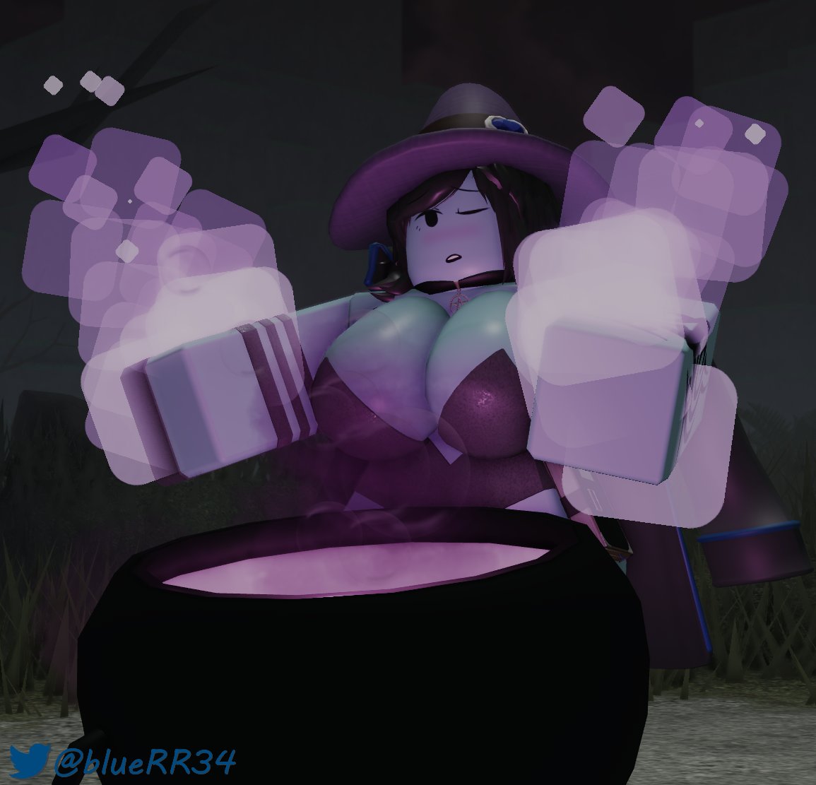 1girls 3d big_breasts black_eyes black_gloves black_hair black_leotard blue_skin bluerr34 book breasts bubbles cauldron choker cleavage female female_only glove halloween hat leotard liquid long_hair magic night one_eye_closed one_glove open_mouth original_character outside purple_liquid roblox robloxian shiram solo solo_female standing tattoo twitter_username witch witch_hat