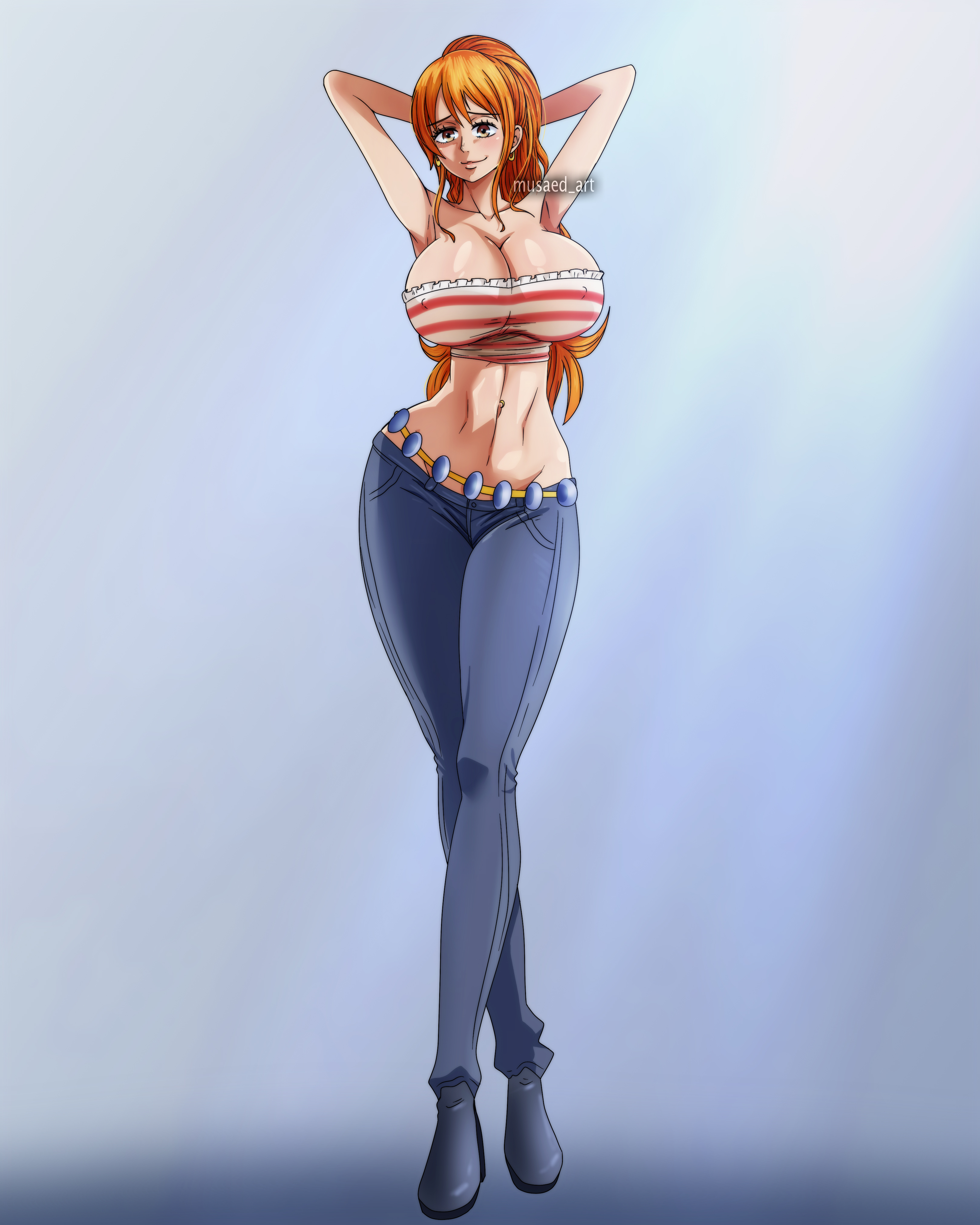 1girls, big breasts, breasts, eye contact, female, female only, huge breasts, jeans, long hair, looking at viewer, musaed art, nami (one piece), one piece, orange hair, orange-haired female, pants, solo, solo female, standing, wide hips