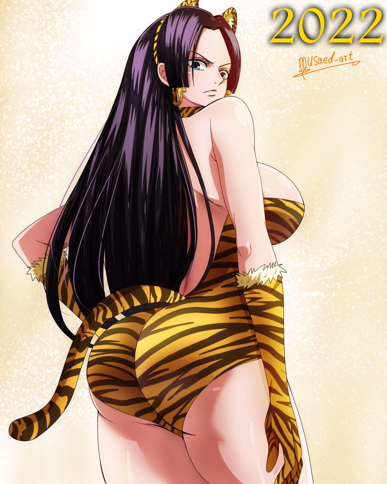 1girls, 2022, ass, big ass, big breasts, black hair, black-haired female, boa hancock, breasts, female, female focus, female only, gloves, leotard, long hair, musaed art, one piece, purple hair, sideboob, solo, solo female, standing, thick thighs, tiger ears, tiger gloves, tiger print, tiger tail, year of the tiger