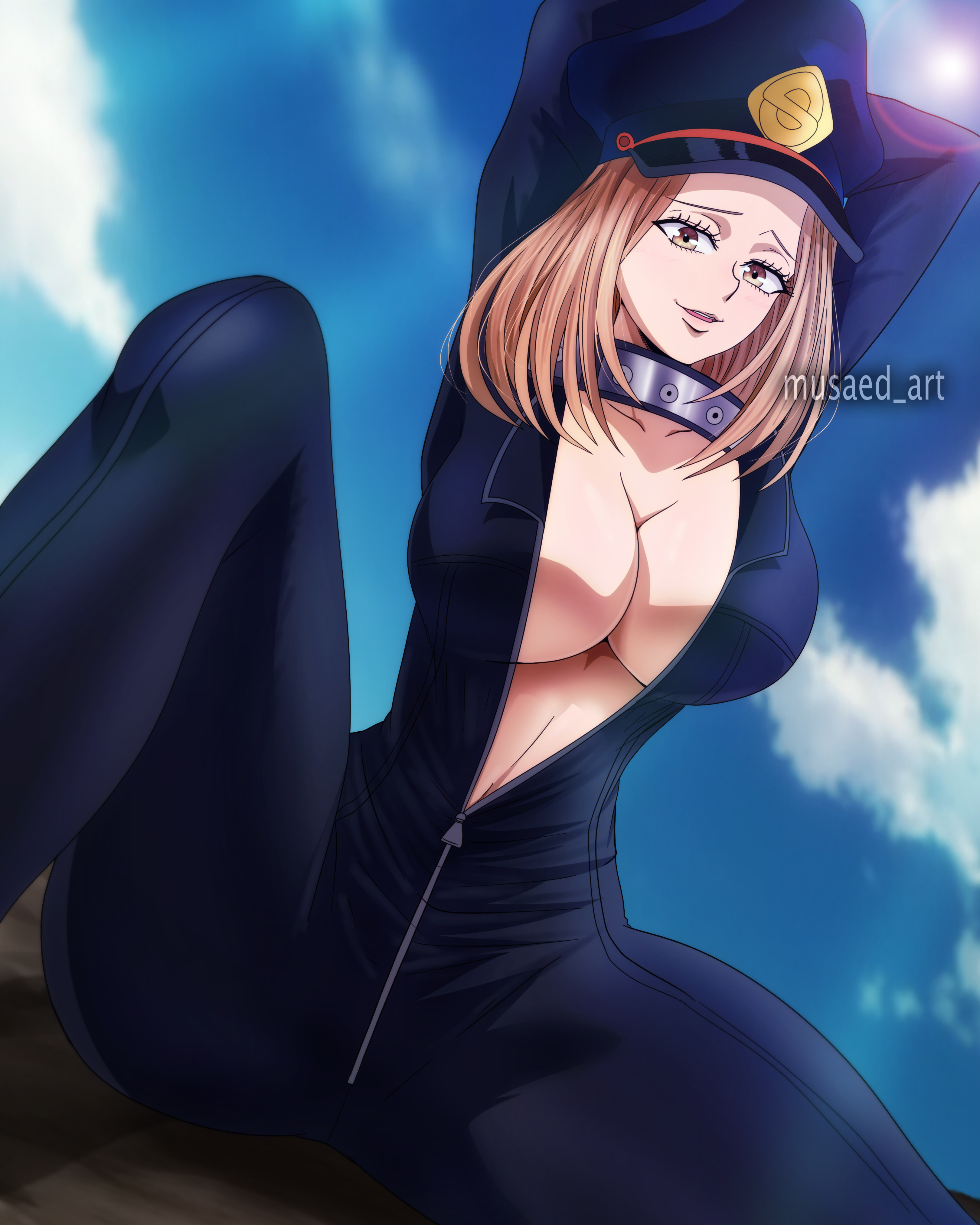 1girls, about to burst, arms behind head, barely contained, barely contained breasts, barely fits, big breasts, blonde hair, blonde-haired female, breasts, breasts too big, bursting breasts, busty, camie utsushimi, cleavage, eye contact, female, female only, hat, imminent wardrobe malfunction, inconvenient boobs, inconvenient breasts, large breasts, latex suit, looking at viewer, musaed art, my hero academia, pose, posing, sensual, shiketsu high school cap, short hair, smile, solo, solo female, strained zipper, straining clothing, thick thighs, thighs, tight clothes, tight clothing, tight fit, tight fitting clothing, too tight, undersized clothes, undersized clothing, zipper