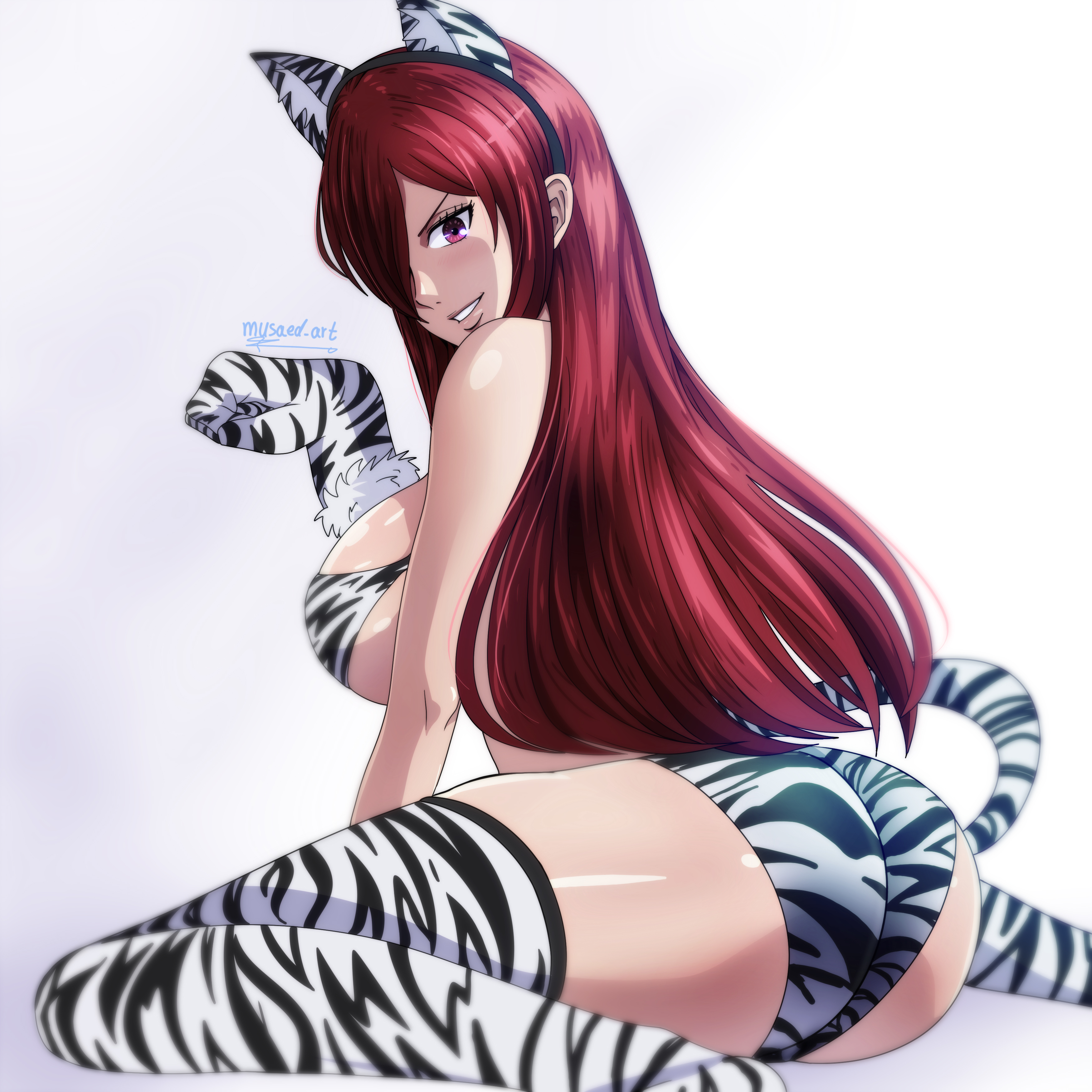 1girls, animal ears, ass, big ass, big breasts, big butt, breasts, erza scarlet, fairy tail, fake animal ears, female, female focus, female only, kneeling, legwear, long hair, musaed art, red eyes, red hair, red-haired female, solo, solo female, tail, thick thighs, thighhighs, thighs