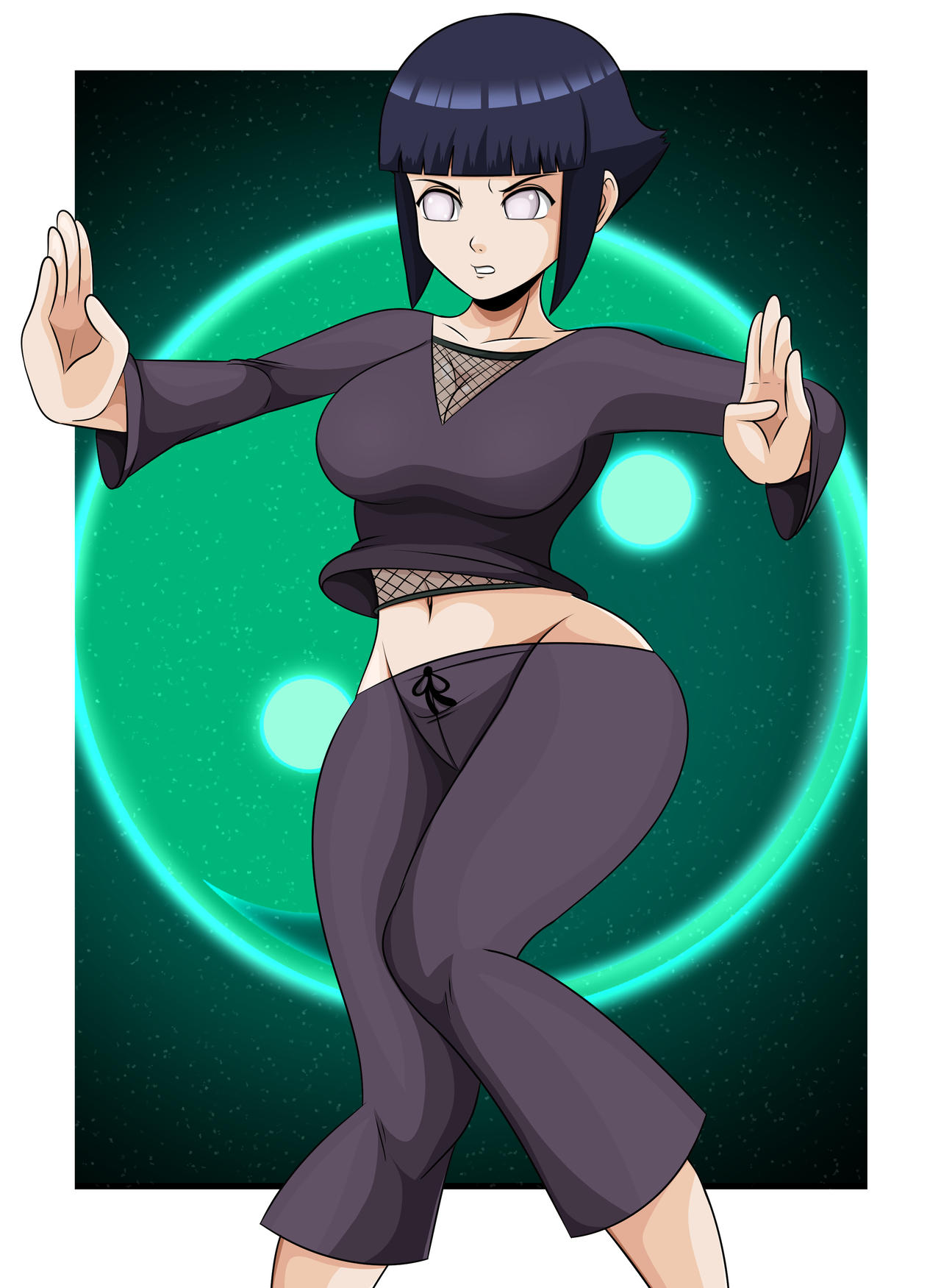 1girls, blue hair, breasts, female, female only, fully clothed, hyuuga hinata, hyuuga hinata (genin), lavender eyes, light purple eyes, naruto, naruto (classic), naruto (series), navel, no pupils, pupilless eyes, short hair, solo, sonson-sensei, ying yang symbol, young