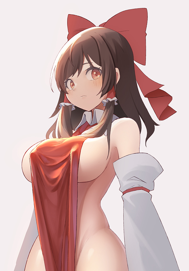 adapted_costume bare_shoulders blush bow breasts brown_eyes brown_hair closed_mouth detached_sleeves female grey_background groin hair_ornament hair_tubes hairbow large_breasts long_hair red_bow reimu_hakurei sideboob sidelocks solo touhou upper_body white_sleeves z.o.b