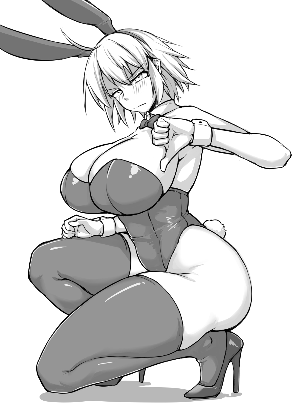 1girls animal_ears armpits blush breasts bunnysuit cleavage fake_animal_ears fate/grand_order fate_(series) high_heels huge_breasts jeanne_alter kneeling leotard monochrome nia_i short_hair solo tagme thighhighs thumbs_down