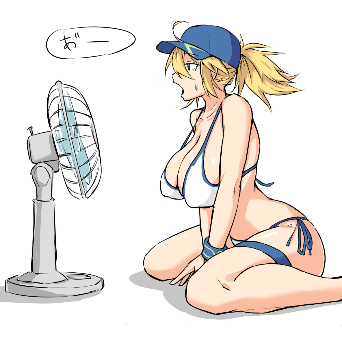 ahoge, artoria pendragon, blonde hair, bra, breasts, cap, electric fan, fan, fate (series), fate/grand order, female, large breasts, mysterious heroine xx (foreigner), nia i, on knees, open mouth, sweat, swimsuit, tagme