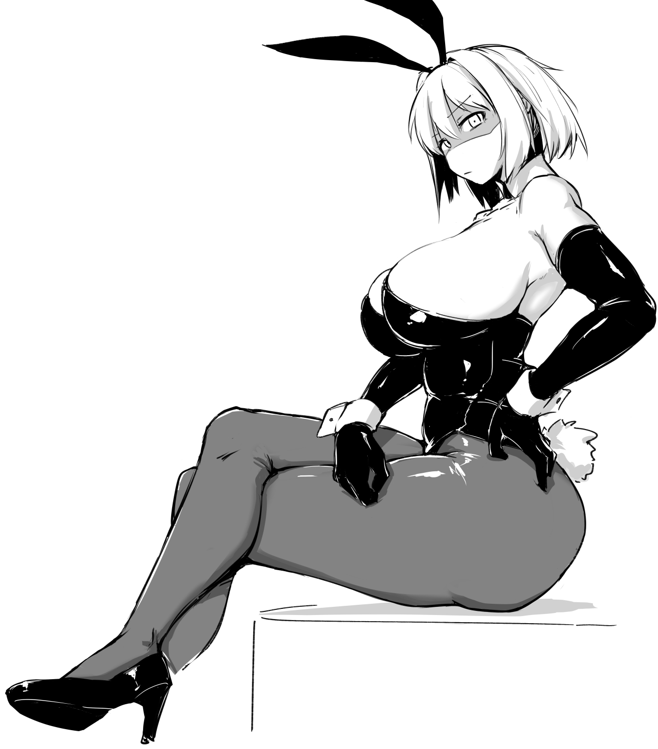 1girls, animal ears, breasts, bunnysuit, crossed legs, fake animal ears, fate (series), fate/grand order, female, full body, high heels, jeanne alter, large breasts, leotard, monochrome, nia i, pantyhose, short hair, sitting, solo, tagme