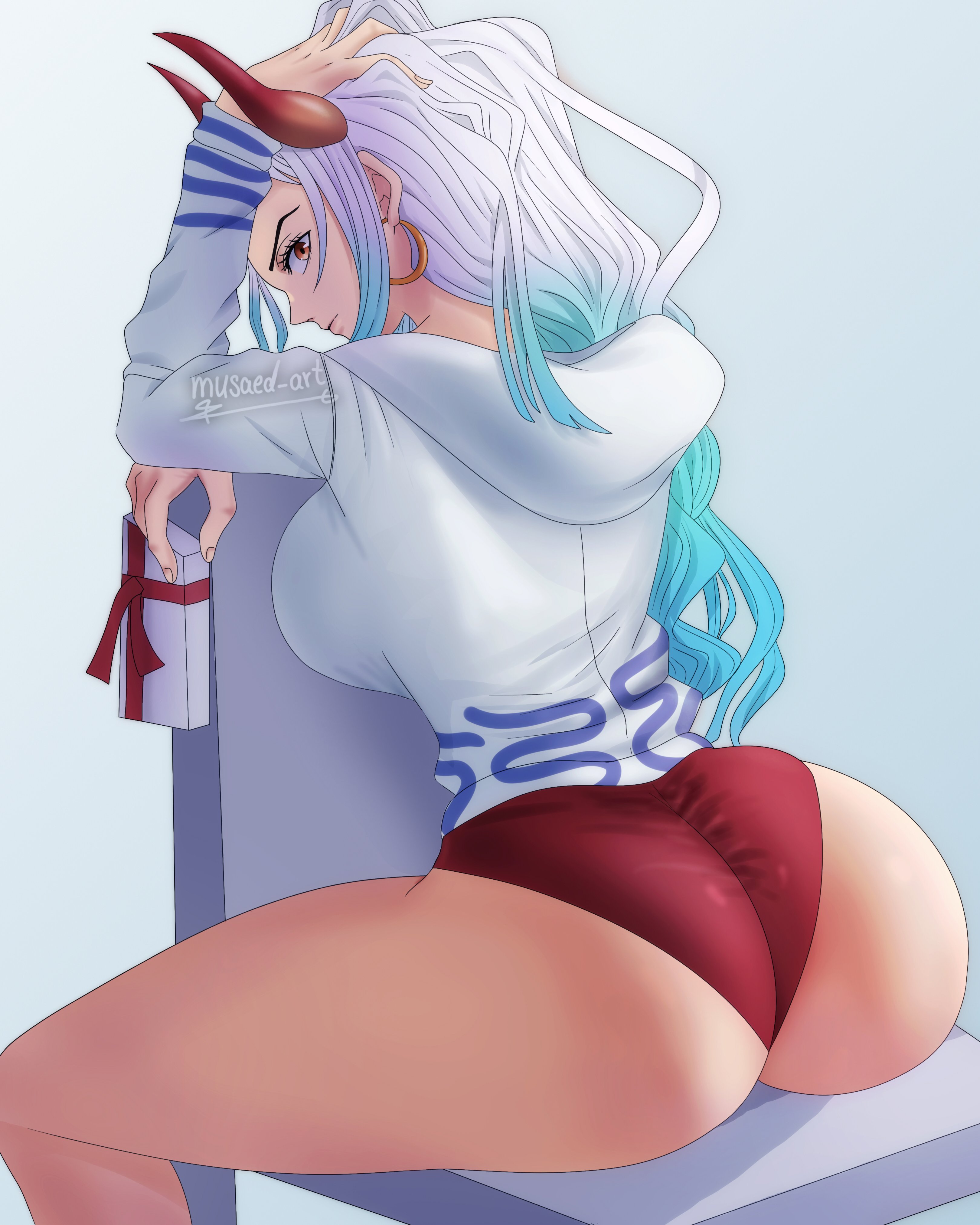 1girls, ass, big ass, big breasts, blue hair, breasts, brown eyes, busty, clothed, clothing, curvy, demon, ear piercing, earrings, female, female focus, female only, gradient hair, hi res, highres, hoop earrings, horned humanoid, horns, humanoid, light skin, light-skinned female, long hair, looking back, multicolored hair, musaed art, one piece, oni, oni horns, pose, posing, revealing clothes, sensual, sideboob, simple background, sitting, sitting on chair, solo, solo female, two-tone hair, white hair, white-haired female, wide hips, yamato (one piece), yokai