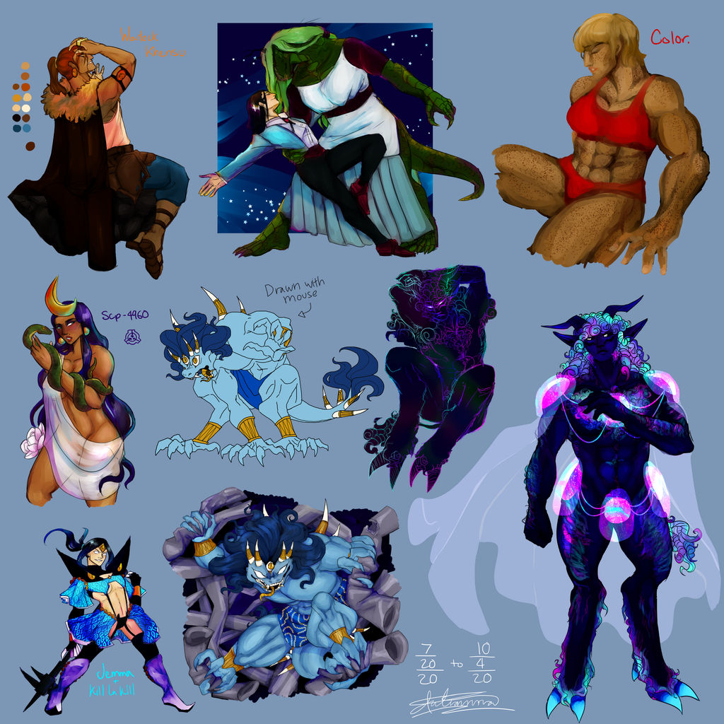 birthmark blue_black_hair blue_suit cape clawed_toes claws color color_swatch colored_sketch dark-skinned_female dark_body dark_skin dnd dungeons_and_dragons earrings emblem flower freckles green_hair green_scales green_skin headress holding_flower holding_snake hooves interspecies jemma kamui_(kill_la_kill) kedesh-nanaya kill_la_kill metal_pipe neon_colors oc original_character parody red_bra red_shoes red_underwear robe rosetta222 sandals scp scp-4960 scp_foundation sketch snake text