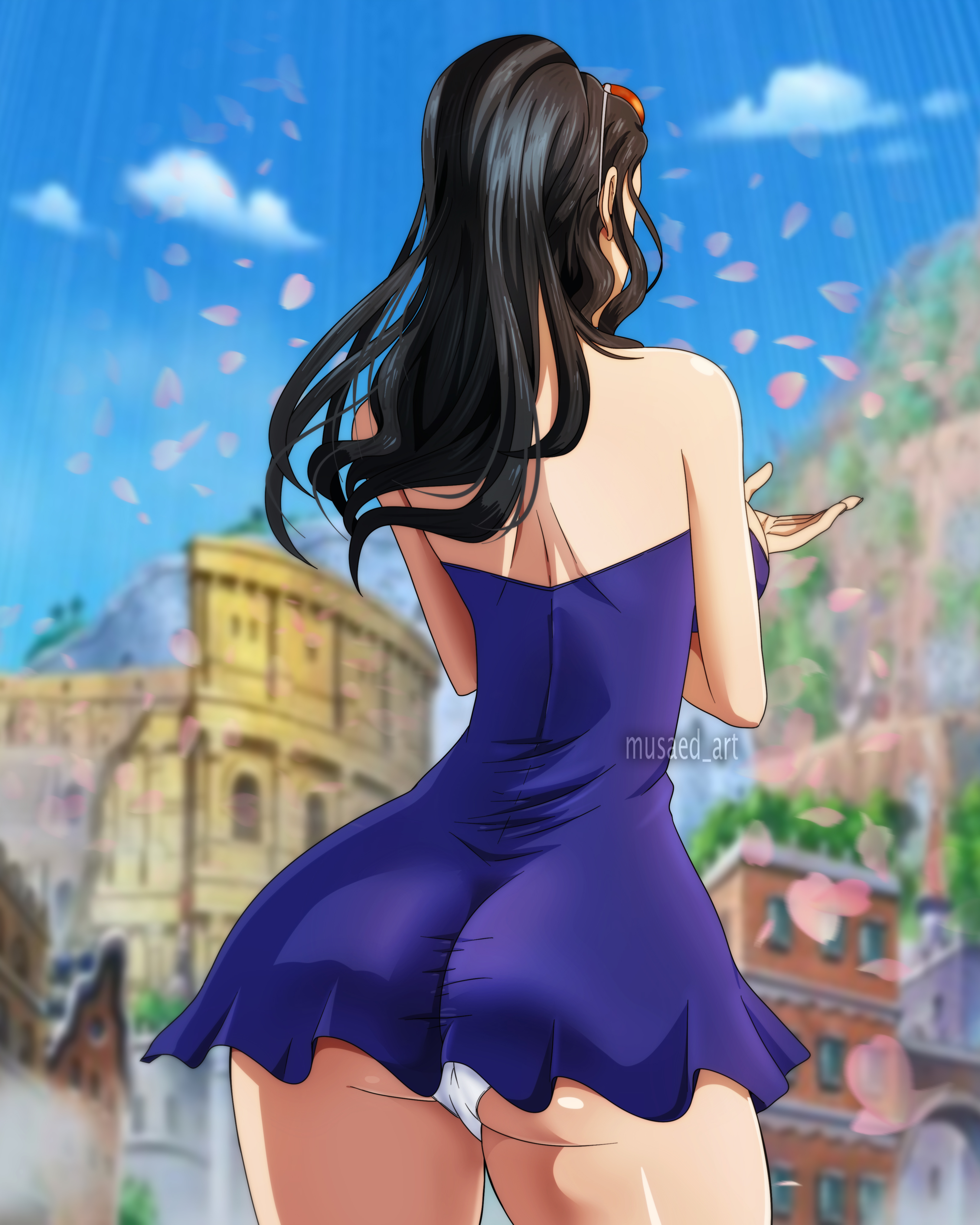 1girls, ass, back view, big ass, big butt, black hair, black-haired female, blue dress, dress, dressrosa, eyewear on head, female, female only, long hair, musaed art, nico robin, one piece, panties, ponytail, shiny skin, solo, solo female, sunglasses, sunglasses on head, thick thighs, thighs