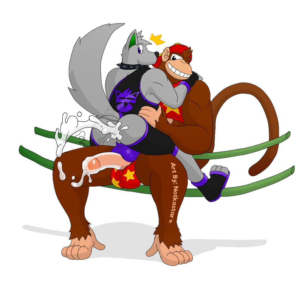 anthro ass balls bodily_fluids boner canid canine canis clothing collar cum cum_in_ass cum_inside diddy_kong donkey_kong_(series) duo emblem erection fur gay gay_sex genital_fluids genitals hair haplorhine hat headgear headwear male male/male male_only mammal monkey nintendo notkastar overalls penis primate signature sitting star surprise tuft underwear video_games vines wolf zatch_(character)