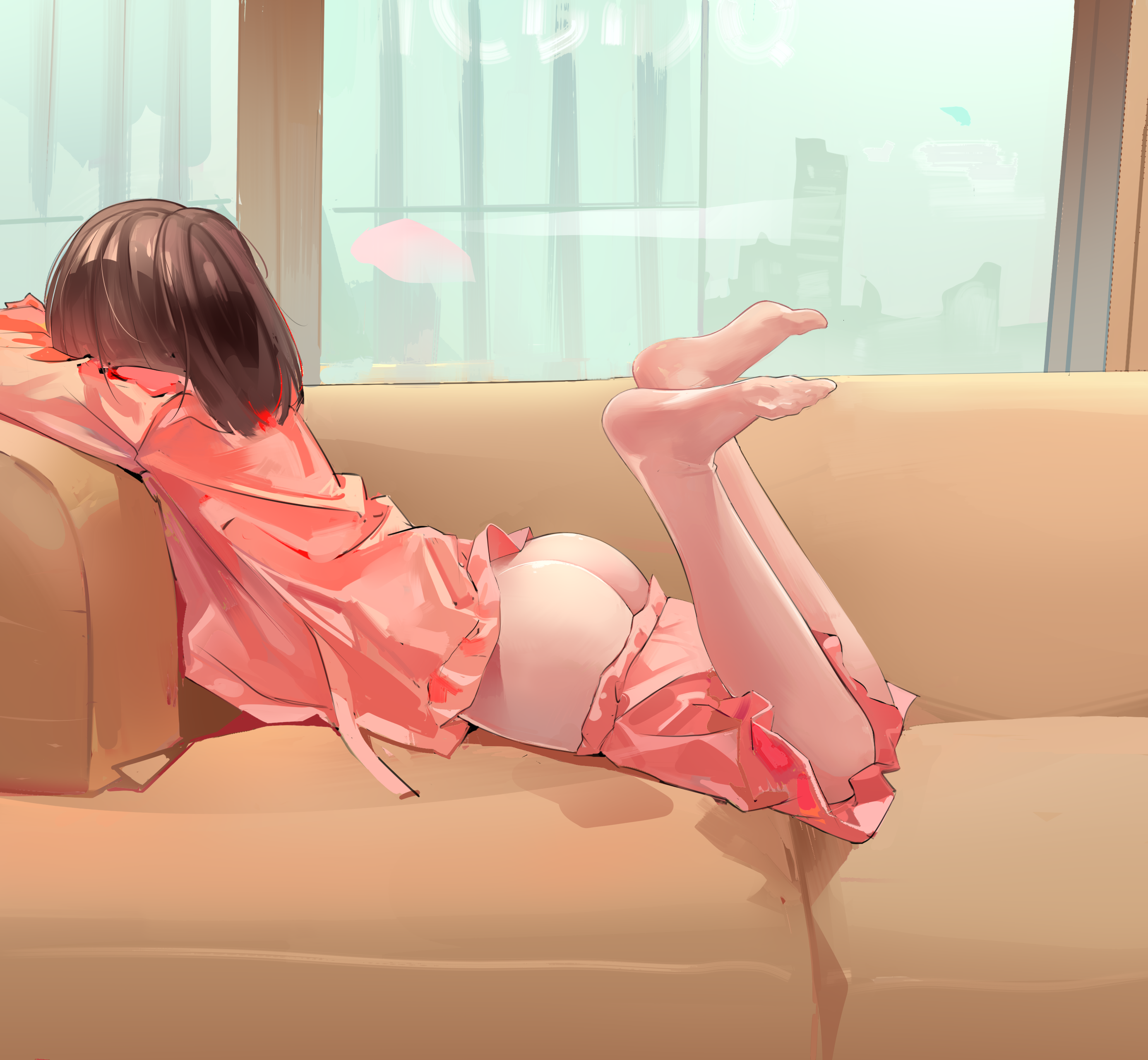 1girls, absurdres, ass, ass crack, barefoot, brown hair, butt crack, cityscape, clothes pull, couch, falsewander, feet, feet up, female, highres, lying, medium hair, on couch, on stomach, original, pajamas, pants, pants pull, pink pajamas, solo, window