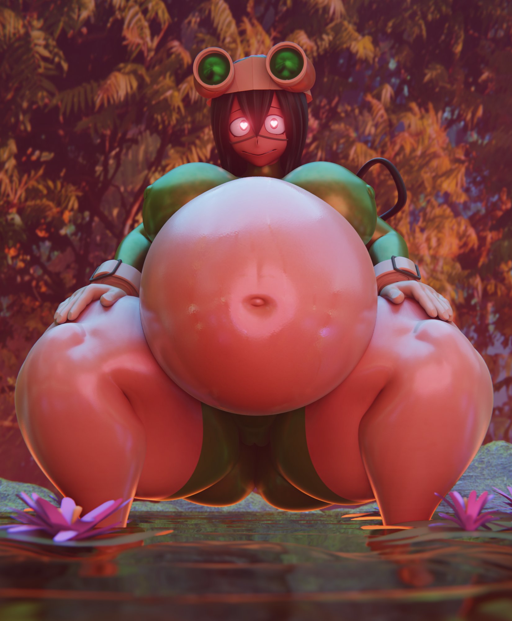 1girls, 3d, ass, belly, big belly, big breasts, breasts, cghonk, fat, female, heart eyes, heart-shaped pupils, huge ass, huge belly, my hero academia, nightmare fuel, overweight, pregnant, thick ass, thick thighs, tsuyu asui
