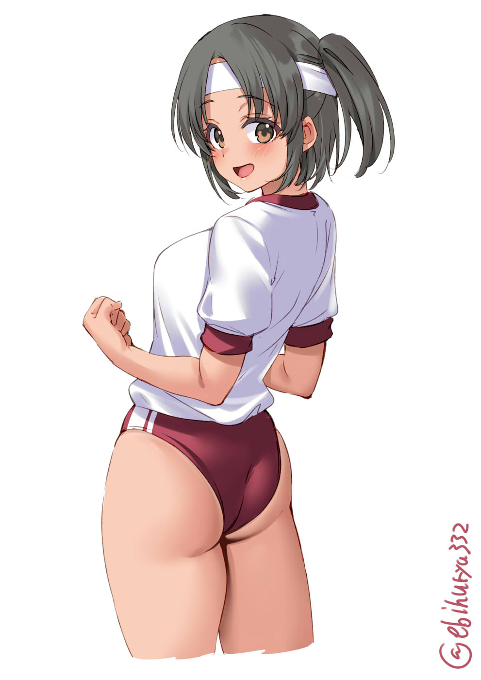 alternate_costume ass back black_hair blush breasts brown_eyes buruma cowboy_shot cropped_legs ebifurya eyebrows_visible_through_hair female gym_shirt gym_uniform hair_between_eyes headband highres kantai_collection looking_at_viewer looking_back looking_to_the_side medium_breasts nagara_(kantai_collection) one-hour_drawing_challenge one_side_up open_mouth red_buruma shirt short_hair short_sleeves simple_background smile solo twitter_username white_background white_shirt