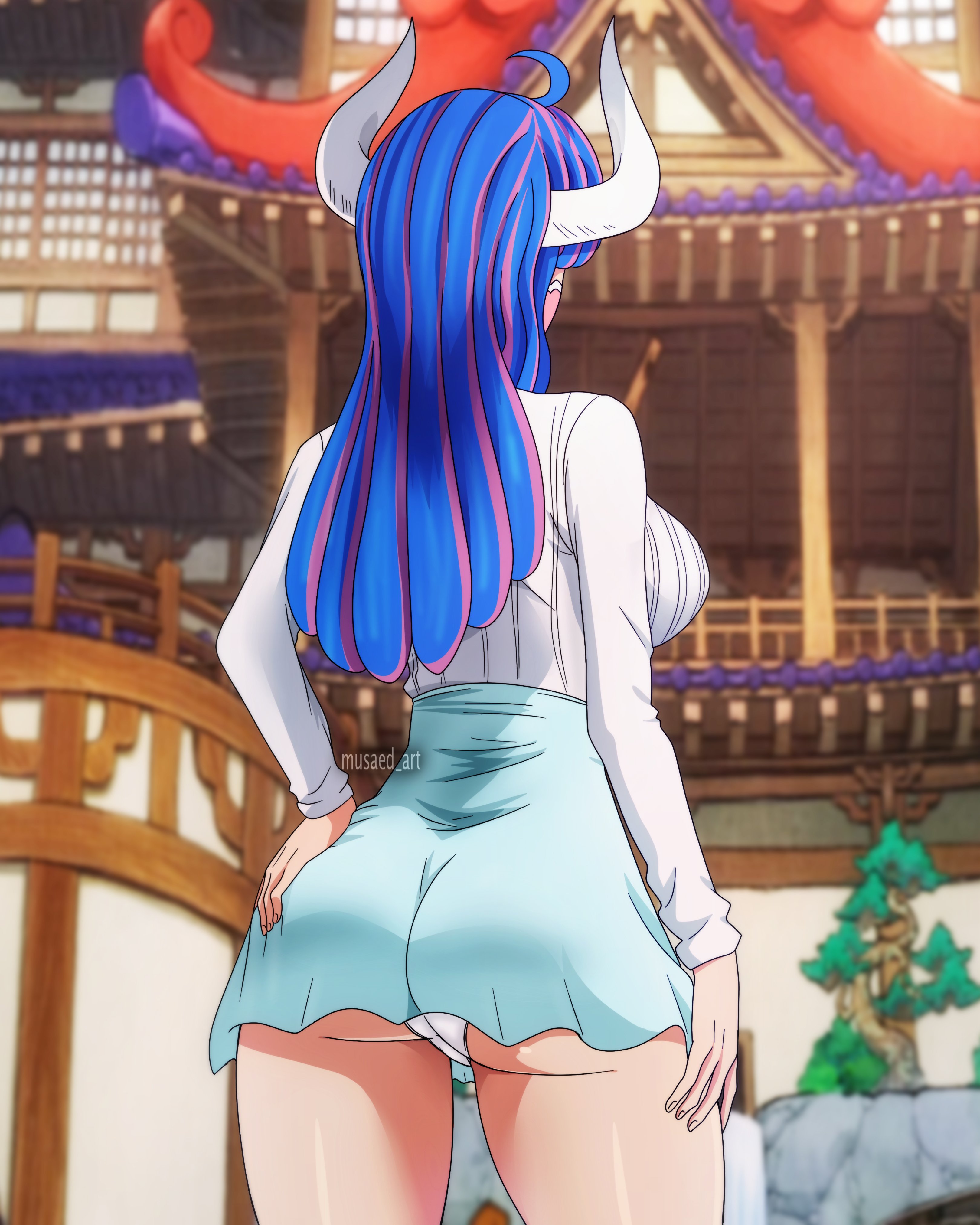1girls, ass, back view, big ass, big butt, blue hair, blue-haired female, breasts, face mask, female, female focus, female only, horns, long hair, musaed art, one piece, panties, sideboob, skirt, solo female, standing, thick thighs, thighs, two-tone hair, ulti (one piece), wano country