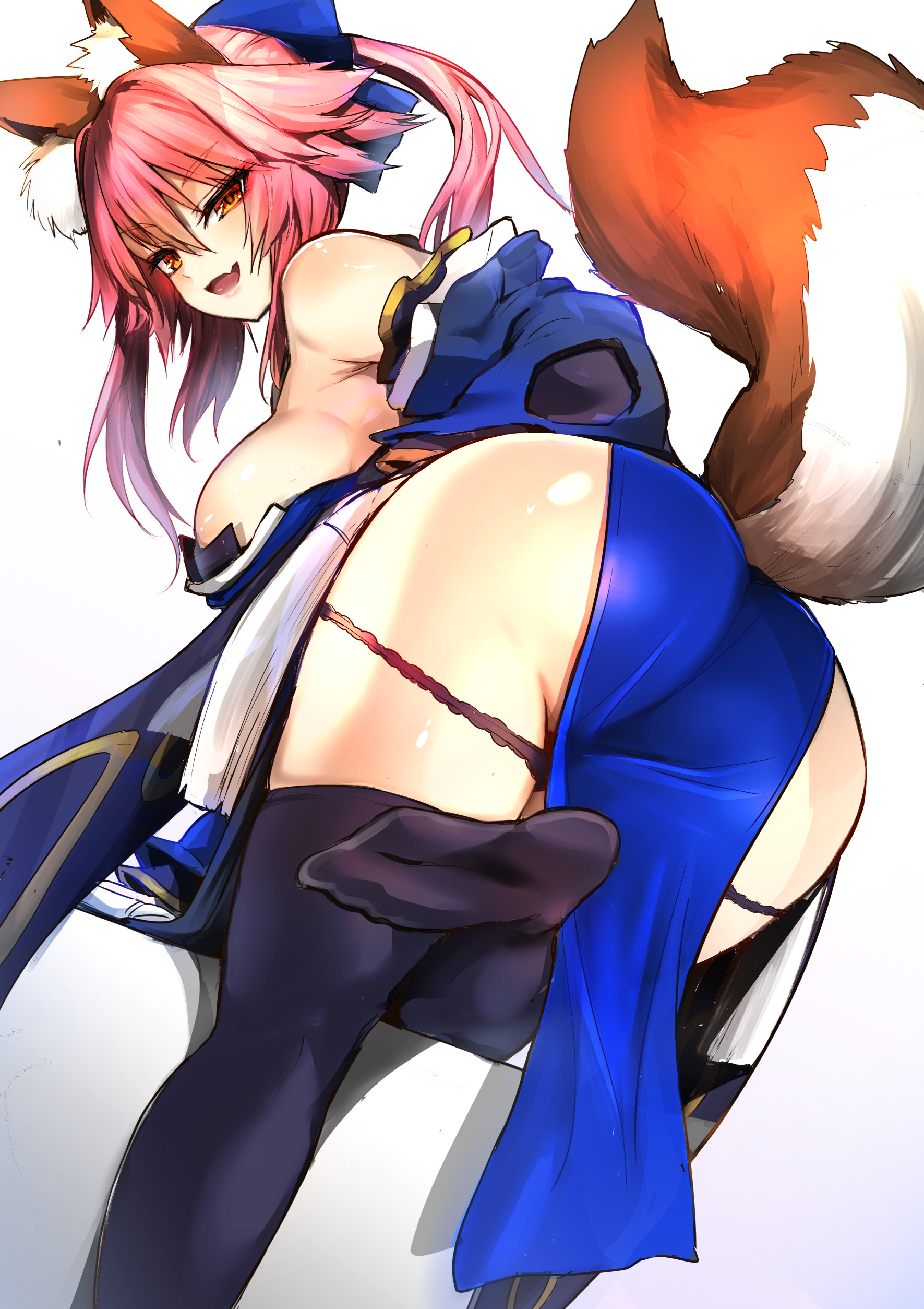 absurdres, animal ear fluff, animal ears, ass, bangs, bare shoulders, black legwear, bow, dress, eyebrows visible through hair, fate (series), fate/extra, female, fox ears, fox girl, fox tail, hair between eyes, hairbow, highres, leaning forward, leg up, long hair, long sleeves, looking at viewer, oerba yun fang, off shoulder, off-shoulder dress, open mouth, panties, panty pull, pelvic curtain, sidelocks, skin fang, smile, solo, tail, tamamo no mae (fate), thighhighs, thighs, tight clothing, tight dress, underwear, wisespeak