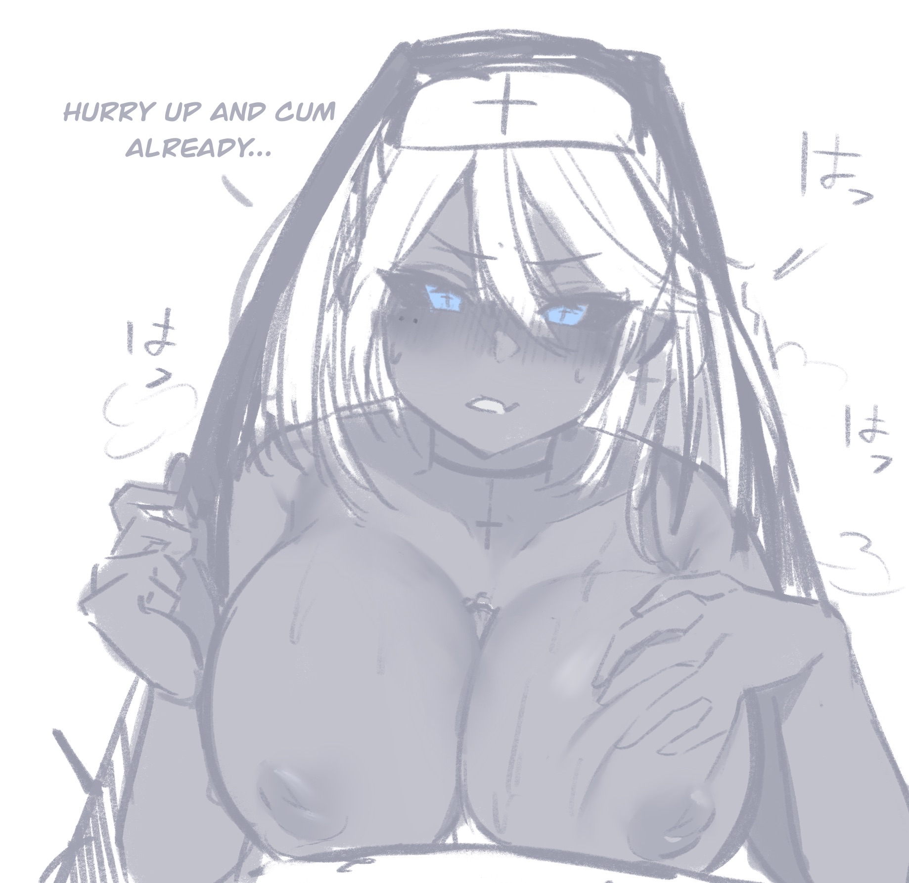 1girls, areolae, big breasts, big nipples, black sclera, blue eyes, blush, breasts, choker, colored sketch, dark skin, dark-skinned female, deepwoken, dialogue, english text, female, ganymede (deepwoken), long hair, looking at viewer, male, nabibutter, nun, nun hat, paizuri, penis, pov, pov eye contact, roblox, roblox game, robloxian, sketch, source request, tagme, text, white hair, xcider