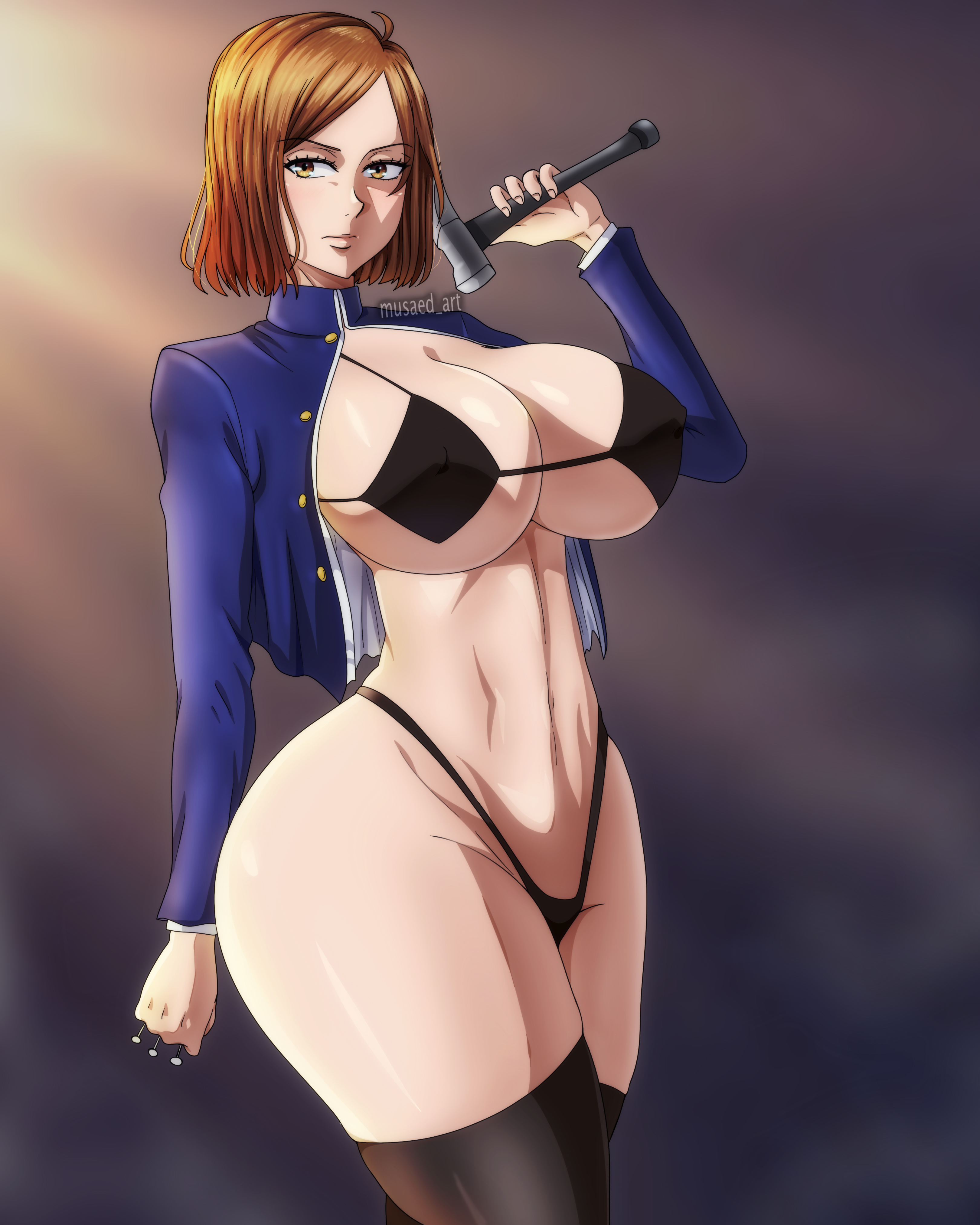 1girls, big breasts, breasts, brown hair, brown-haired female, female, female focus, female only, huge breasts, jujutsu kaisen, kugisaki nobara, legwear, micro bikini, musaed art, orange eyes, orange hair, short hair, solo, solo female, thick thighs, thighhighs, thighs, wide hips