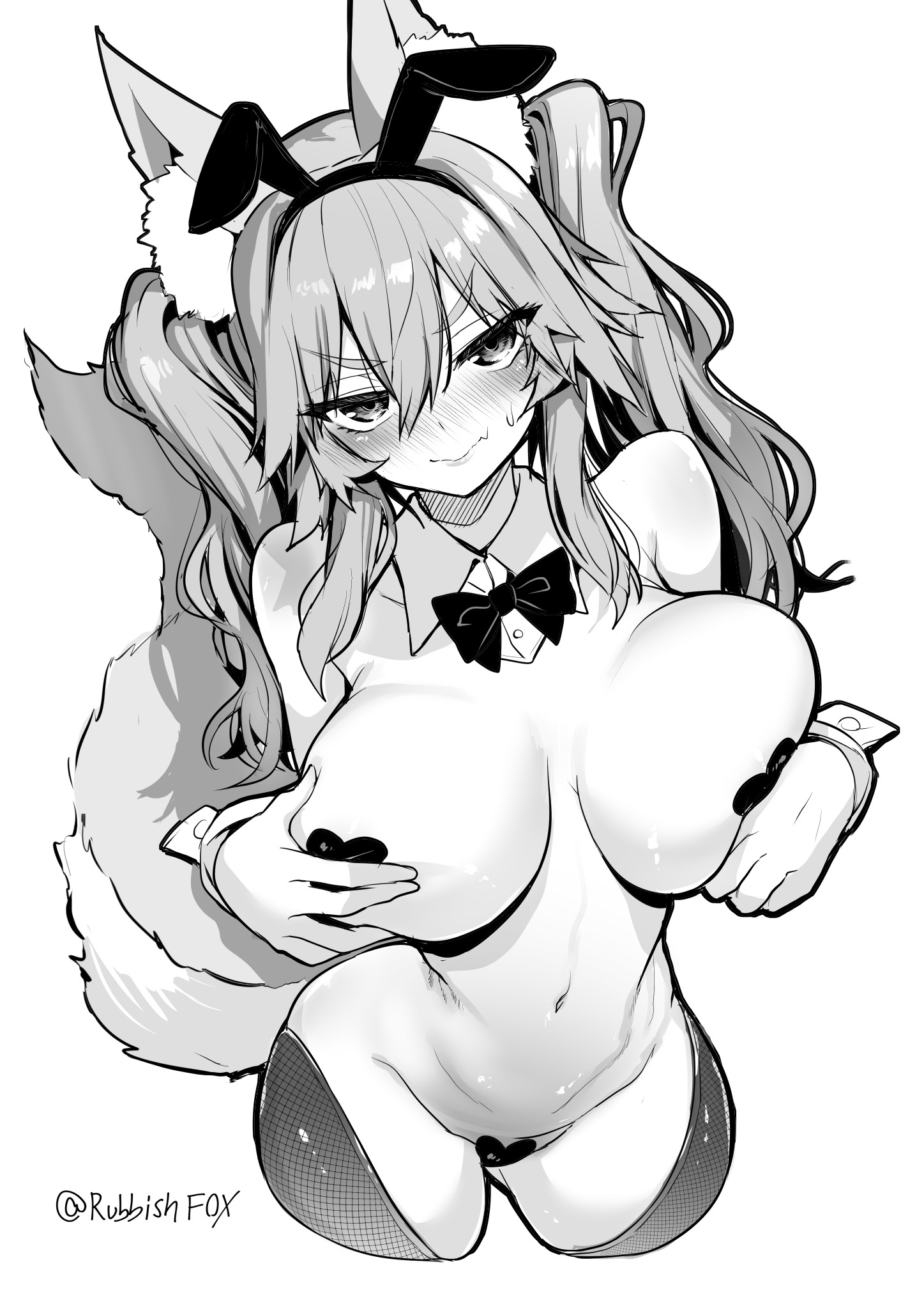 animal ear fluff, animal ears, bangs, breast hold, breasts, detached collar, fake animal ears, fate (series), fate/extra, female, fishnet legwear, fishnets, fox ears, fox girl, fox tail, greyscale, hair between eyes, heart pasties, highres, large breasts, long hair, looking at viewer, maebari, meme attire, monochrome, navel, pasties, playboy bunny, rabbit ears, reverse bunnysuit, reverse outfit, sidelocks, solo, tail, tamamo no mae (fate), twintails, wisespeak, wrist cuffs