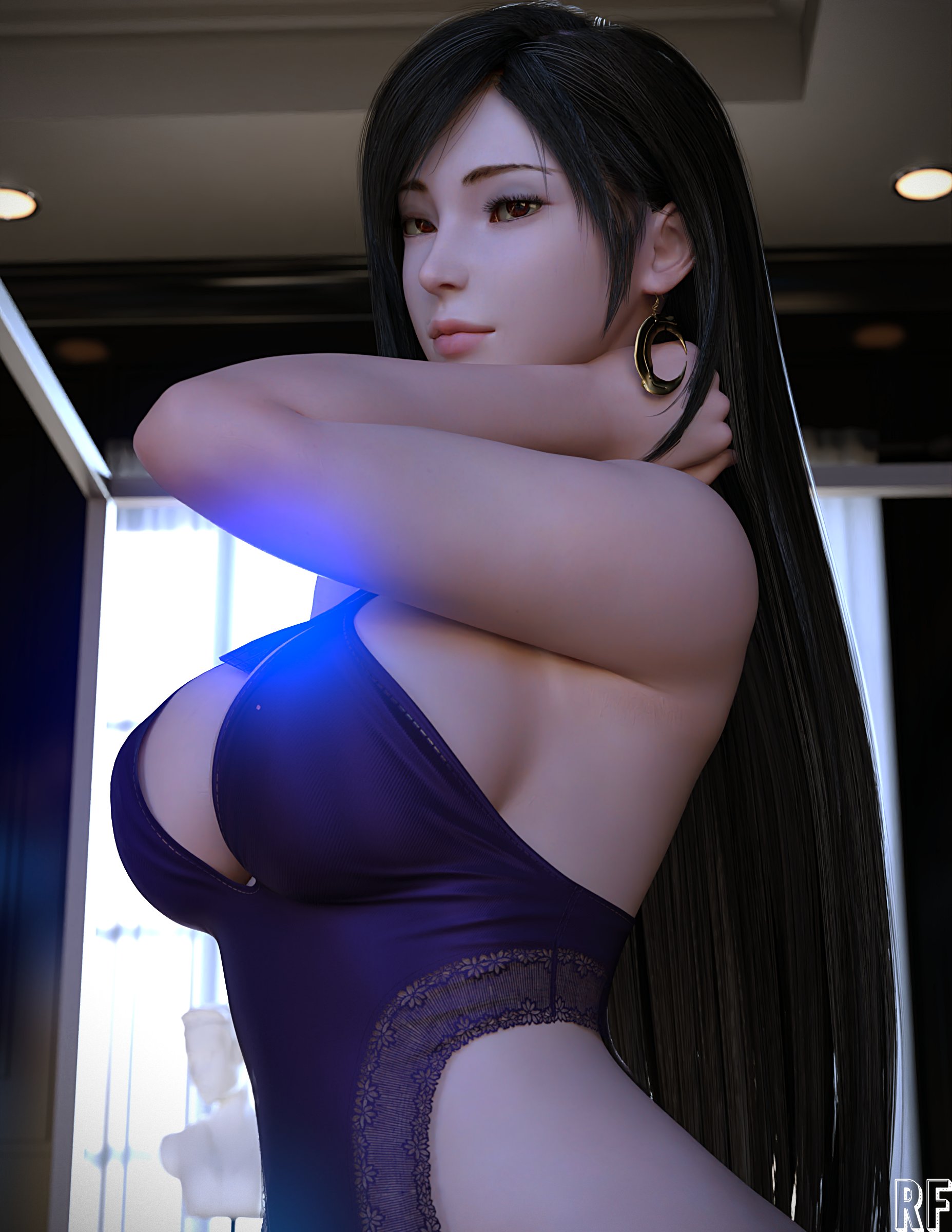 1girls, 3d, absurd res, black hair, breasts, cleavage, female, female only, final fantasy, final fantasy vii, hi res, large breasts, light skin, light-skinned female, long hair, red eyes, rude frog, smile, solo, tifa lockhart