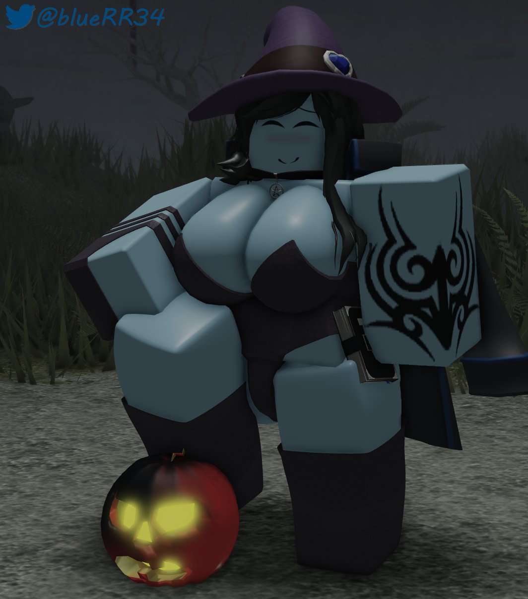 1girls 3d big_breasts black_gloves black_leotard black_thighhighs blue_skin bluerr34 blush book breasts choker cleavage closed_eyes female female_only glove halloween hat leotard night one_glove original_character outside pumpkin roblox robloxian shiram smile solo solo_female standing tattoo thighhighs thighs twitter_username witch witch_hat