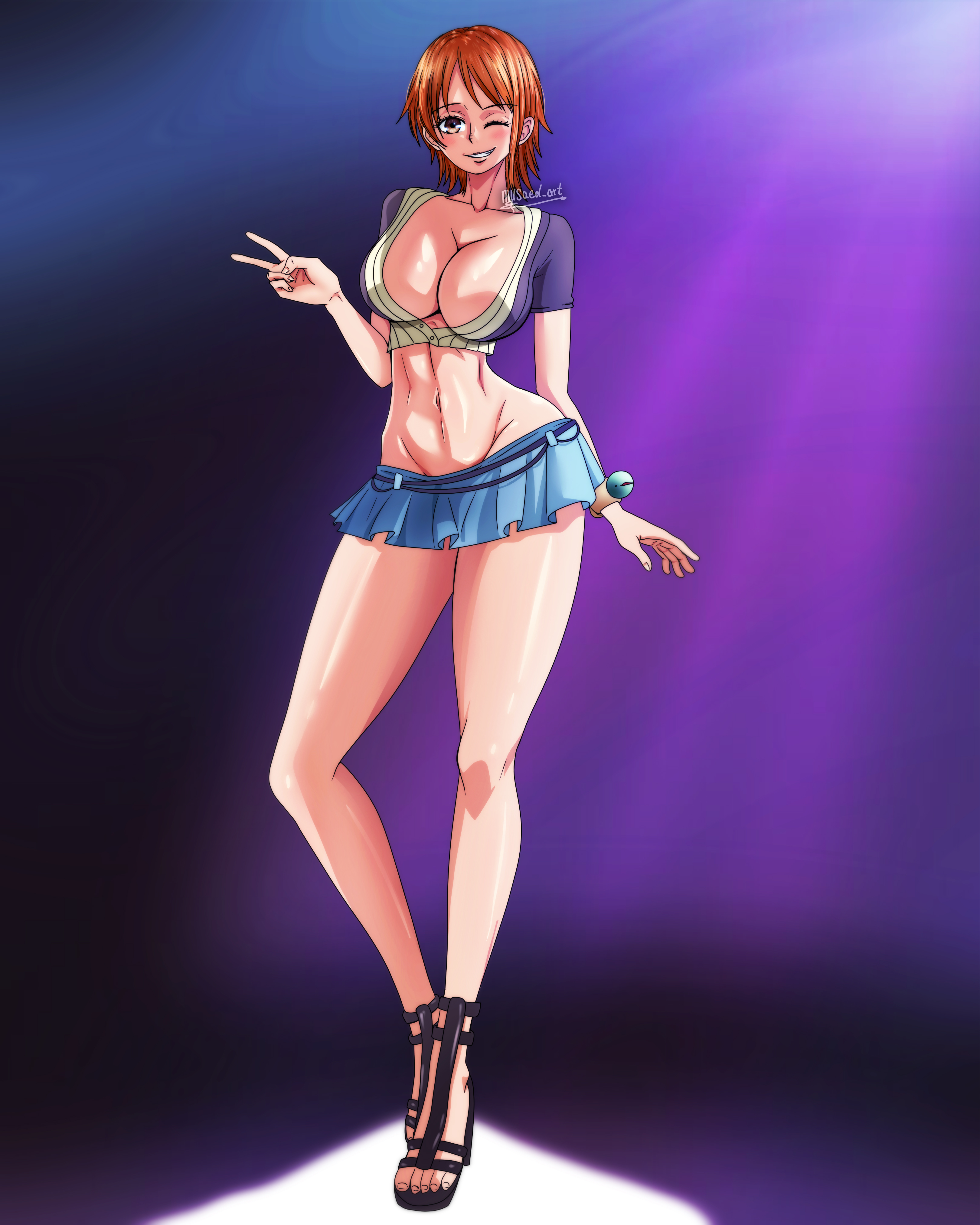 1girls, big breasts, breasts, female, female focus, female only, going commando, high heels, huge breasts, microskirt, miniskirt, musaed art, nami (one piece), no bra, no panties, one piece, orange hair, orange-haired female, peace sign, short hair, skirt, solo, solo female, standing, thick thighs, wide hips