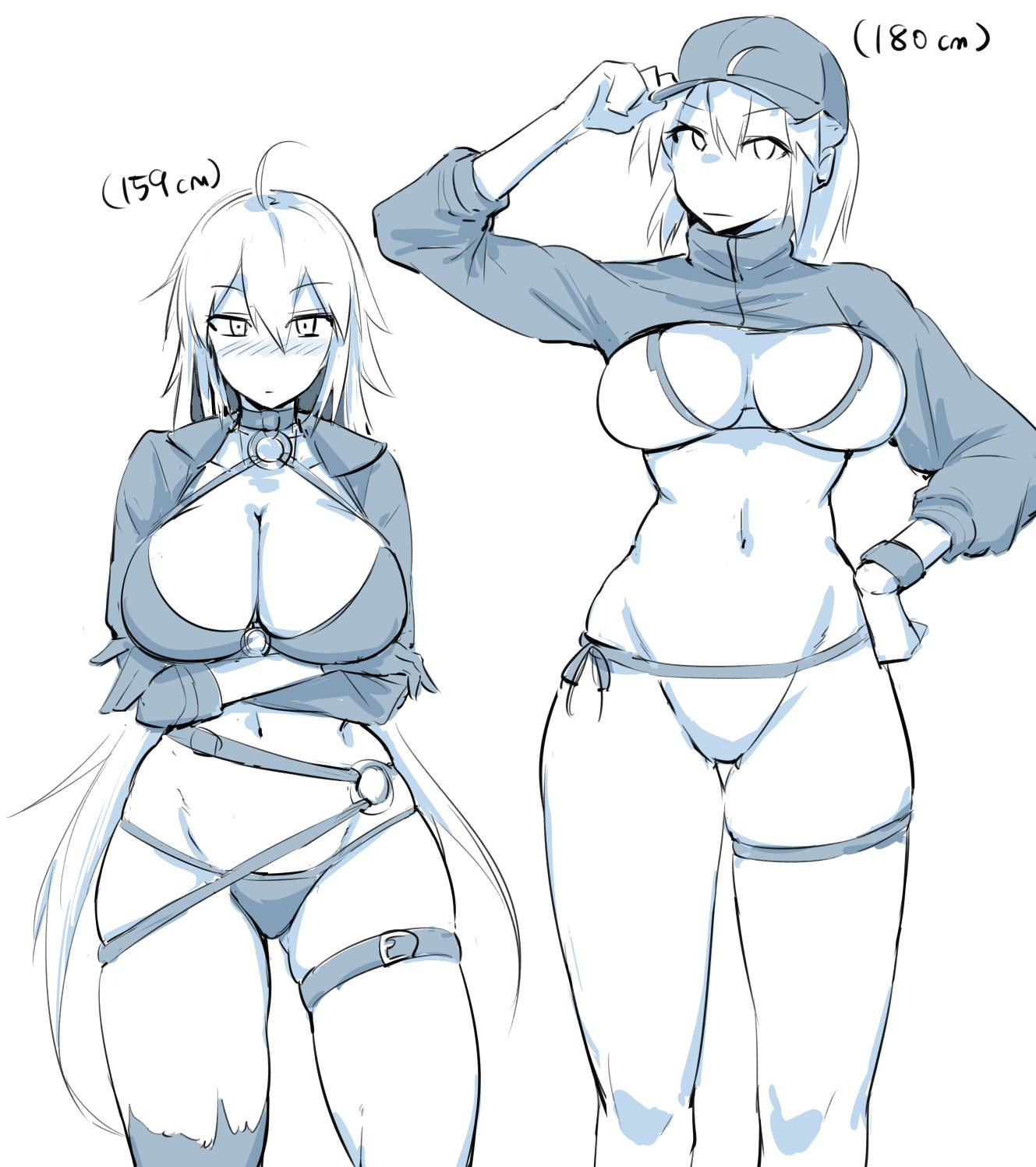 artoria pendragon, bikini, breasts, cleavage, fate (series), fate/grand order, female, jeanne alter, large breasts, mysterious heroine xx (foreigner), nia i, size difference, tagme, wide hips