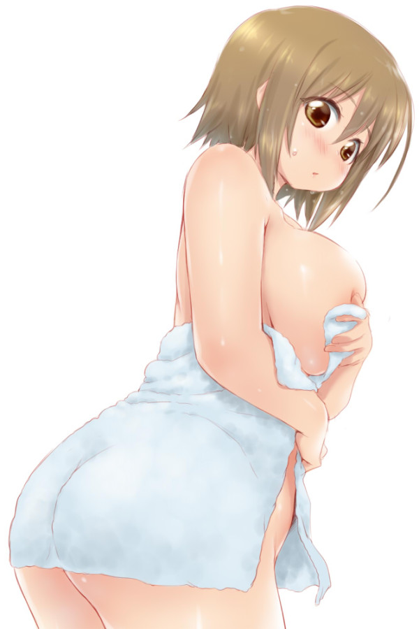 ass breasts brown_eyes brown_hair covering covering_one_breast female idolmaster idolmaster_cinderella_girls in_profile large_breasts mimura_kanako naked_towel short_hair simple_background solo towel white_background zanzi