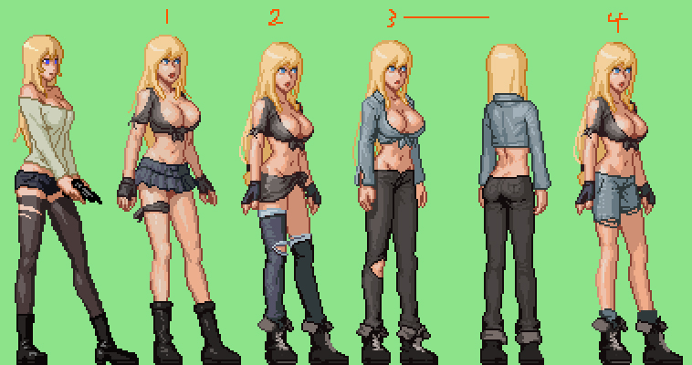 5girls big_breasts blonde_hair blue_eyes boots concept_art green_background jacket large_breasts multiple_girls parasite_in_city partially_clothed pixel_art skirt stockings torn_pants