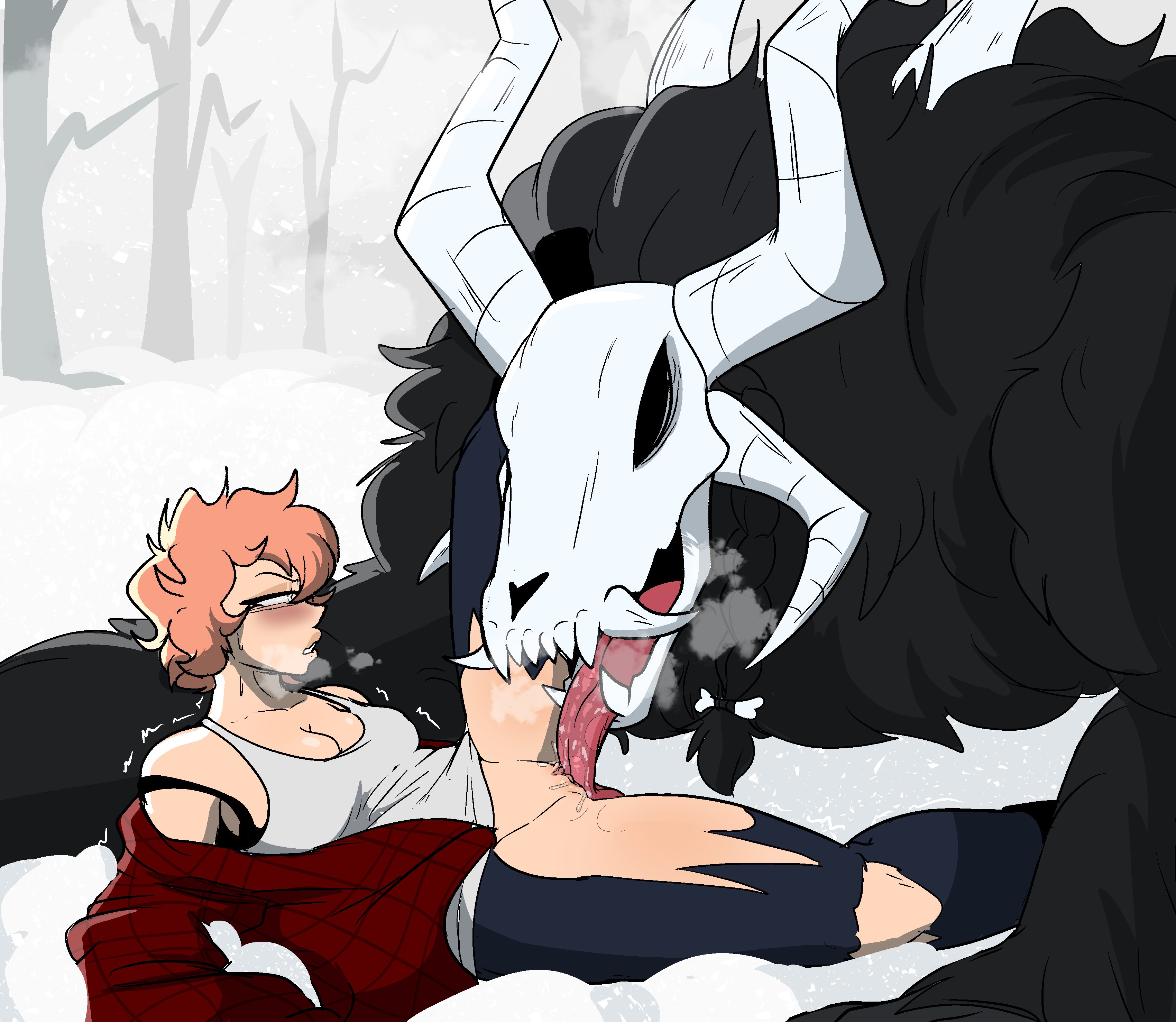 absurd res, anthro, big dom small sub, black body, black fur, bodily fluids, bone, bottomwear, breasts, breath, cernunnos (kyoriichi), christine clark (susieruu), cleavage, clothed, clothed female, clothed sex, clothing, cunnilingus, dominant, dominant anthro, drooling, duo, female, female on anthro, fur, genitals, hair, hi res, horn, human, larger male, licking, long tongue, male, male/female, mammal, monster, monster on female, multi horn, oral, orange hair, outside sex, pants, pussy, saliva, sex, size difference, skull, skull head, smaller female, snow, snowing, submissive, submissive female, susieruu, tongue, tongue out, torn bottomwear, torn clothing, torn pants, vaginal penetration, wendigo