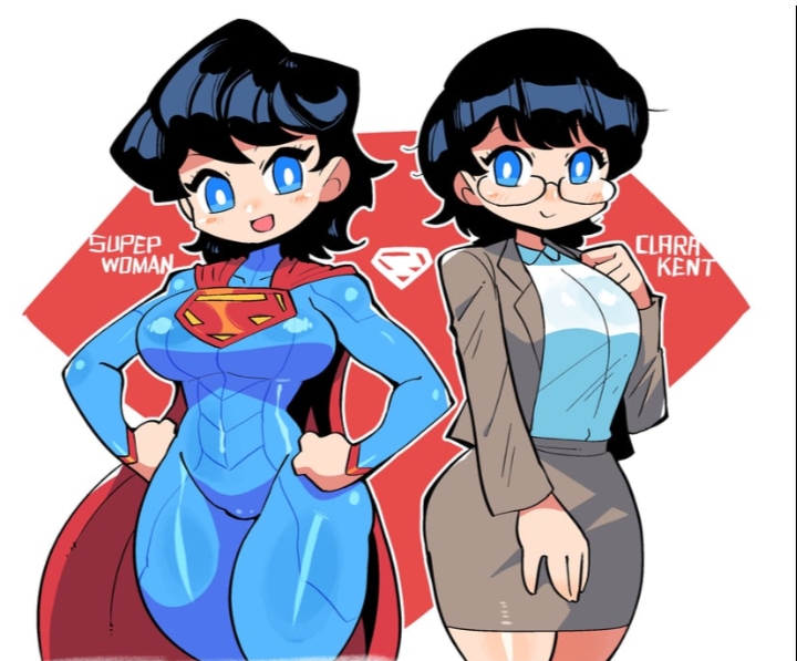 1girls big_breasts black_hair blue_eyes breasts cape clara_kent clothing crap-man curvy curvy_female curvy_figure dc dc_comics earth_11 eyewear female female_only glasses humanoid light-skinned_female light_skin pale_skin short_hair skirt smiley_face solo superheroine superwoman tight_clothing voluptuous voluptuous_female wide_hips