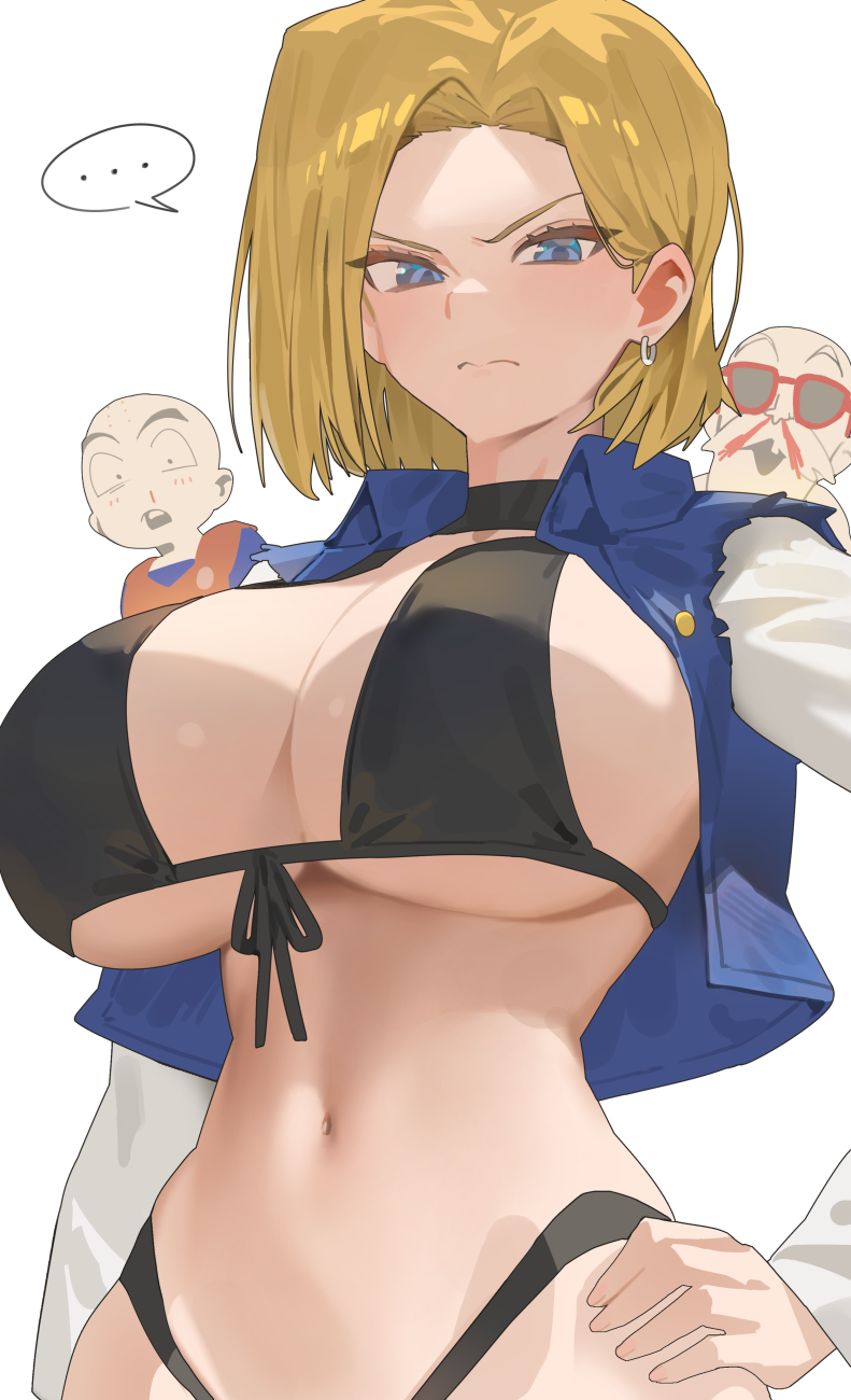 1girls 2022 2boys alternate_breast_size android_18 angry bikini black_bikini blonde_hair blue_eyes blush breasts dragon_ball dragon_ball_z embarrassed female hand_on_hip hips hood_x_art huge_breasts krillin kuririn looking_at_viewer male male_(face_only) master_roshi nosebleed short_hair simple_background slim_waist swimsuit wide_hips