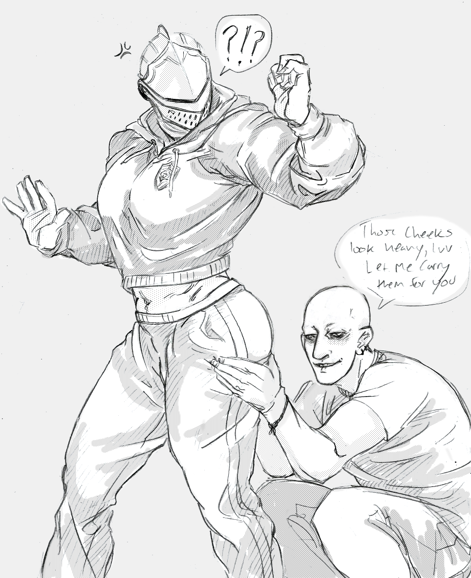 2boys ?! alternate_costume ass_grab ass_worship athletic bald chosen_undead crop_top dark_souls english_text fromsoftware fully_clothed gay hamfoot1 helmet hoodie looking_back male male_only masked masked_male monochrome patches_(fromsoftware) smile sportswear surprised sweatpants unbreakable_patches