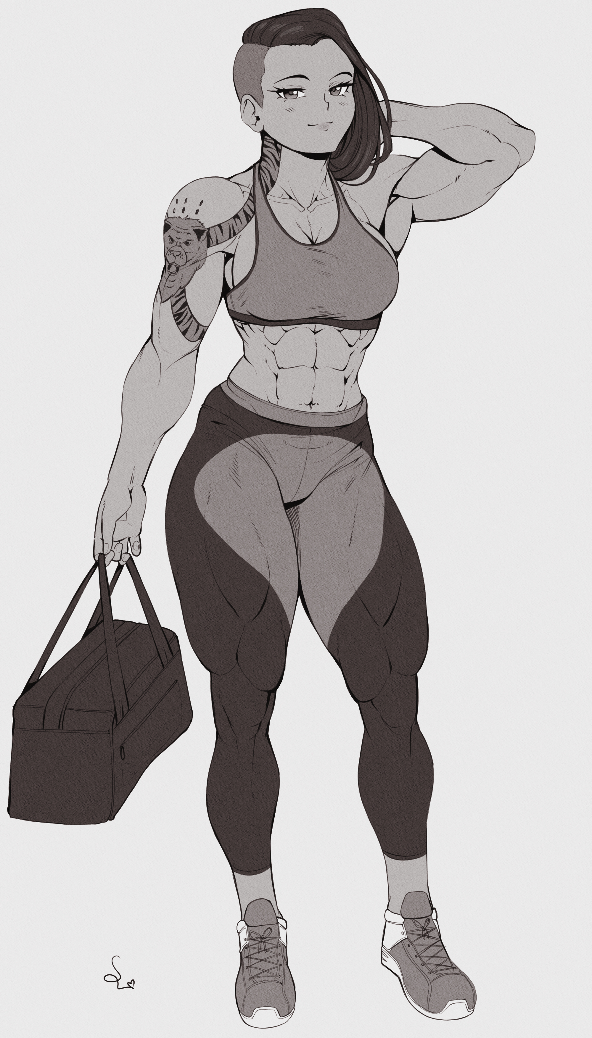 abs, biceps, big breasts, blush, bra, breasts, clothed, clothing, female, gym, hair, hi res, muscular, muscular arms, muscular female, muscular legs, muscular thighs, six pack, smile, smug, speedl00ver, sports bra, sportswear, standing, tattoo, tattooed arm