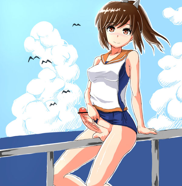 1futa balls bar_censor blush bottomless brown_hair censored clothed clothing erection futa_only futaba_yodoyume futanari human light-skinned_futanari light_skin long_hair looking_at_viewer outdoors partially_clothed penis smile solo